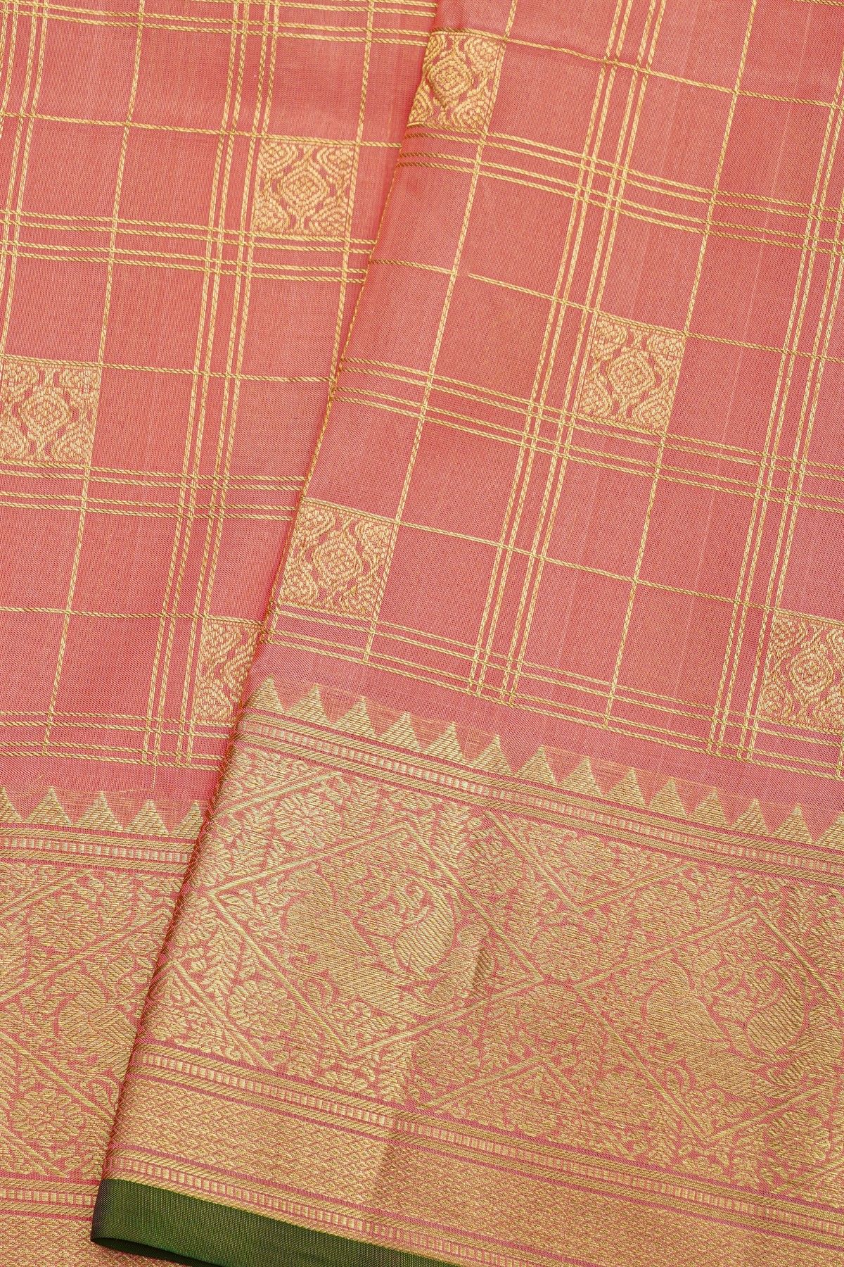 Venkatagiri Silk Baby Pink Saree With Florals And Birds Border