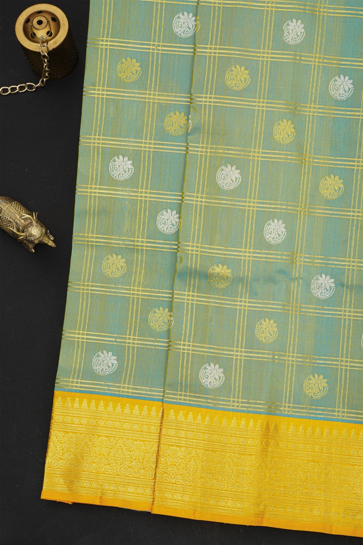 Venkatagiri Silk Sea Green Saree With Zari Checks And Floral Buttis Body