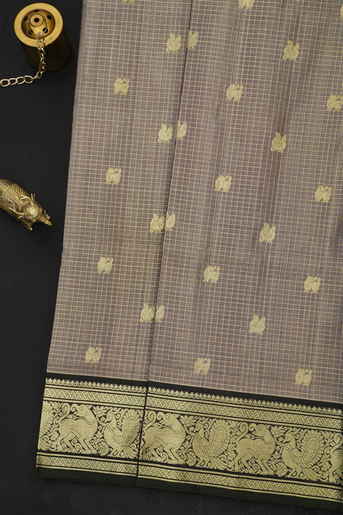 Venkatagiri Silk Grey Saree With Peacock And Yali Border