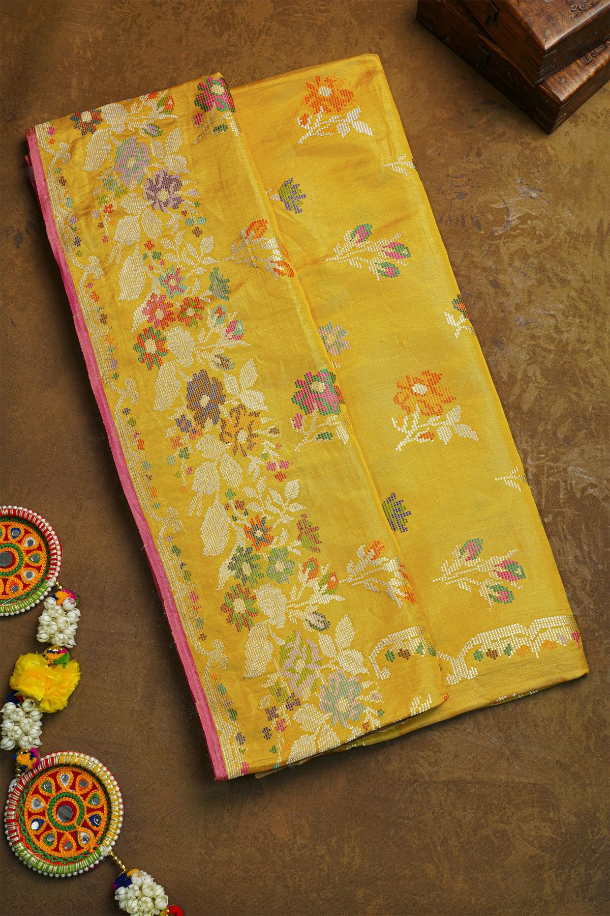 Banarasi Silk Yellow Saree With Meenakari Florals And Leaves Border