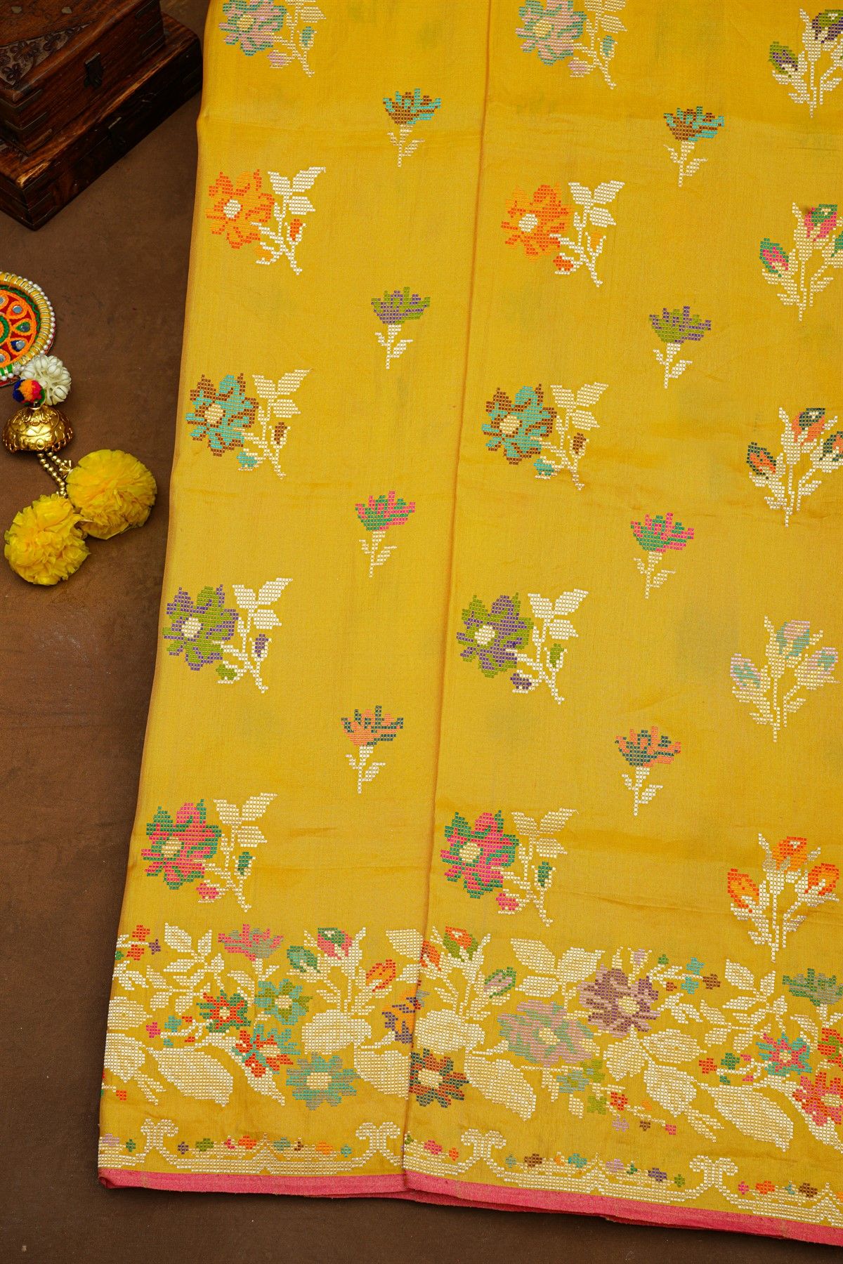 Banarasi Silk Yellow Saree With Meenakari Florals And Leaves Border
