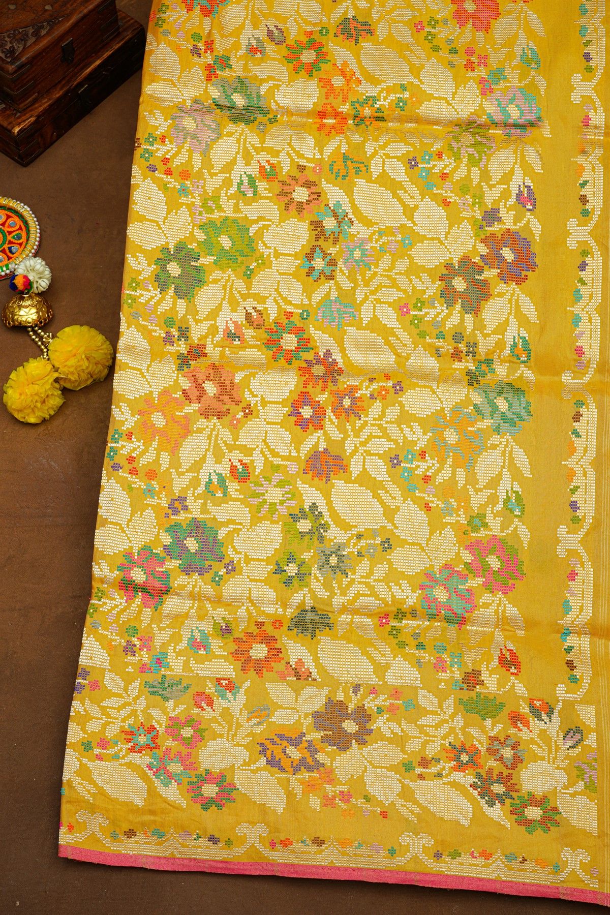 Banarasi Silk Yellow Saree With Meenakari Florals And Leaves Border