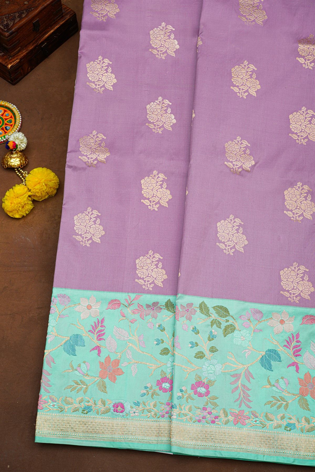 Banarasi Silk Lavender Saree With Meenakari Florals And Leaves Border