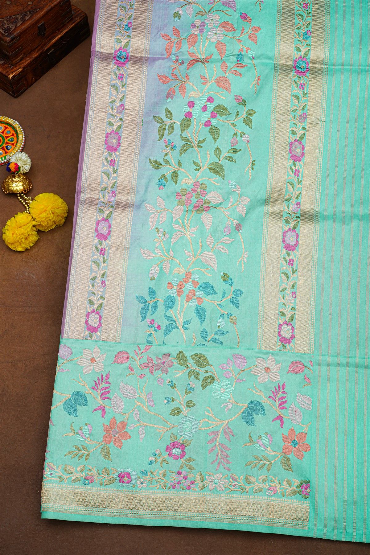 Banarasi Silk Lavender Saree With Meenakari Florals And Leaves Border