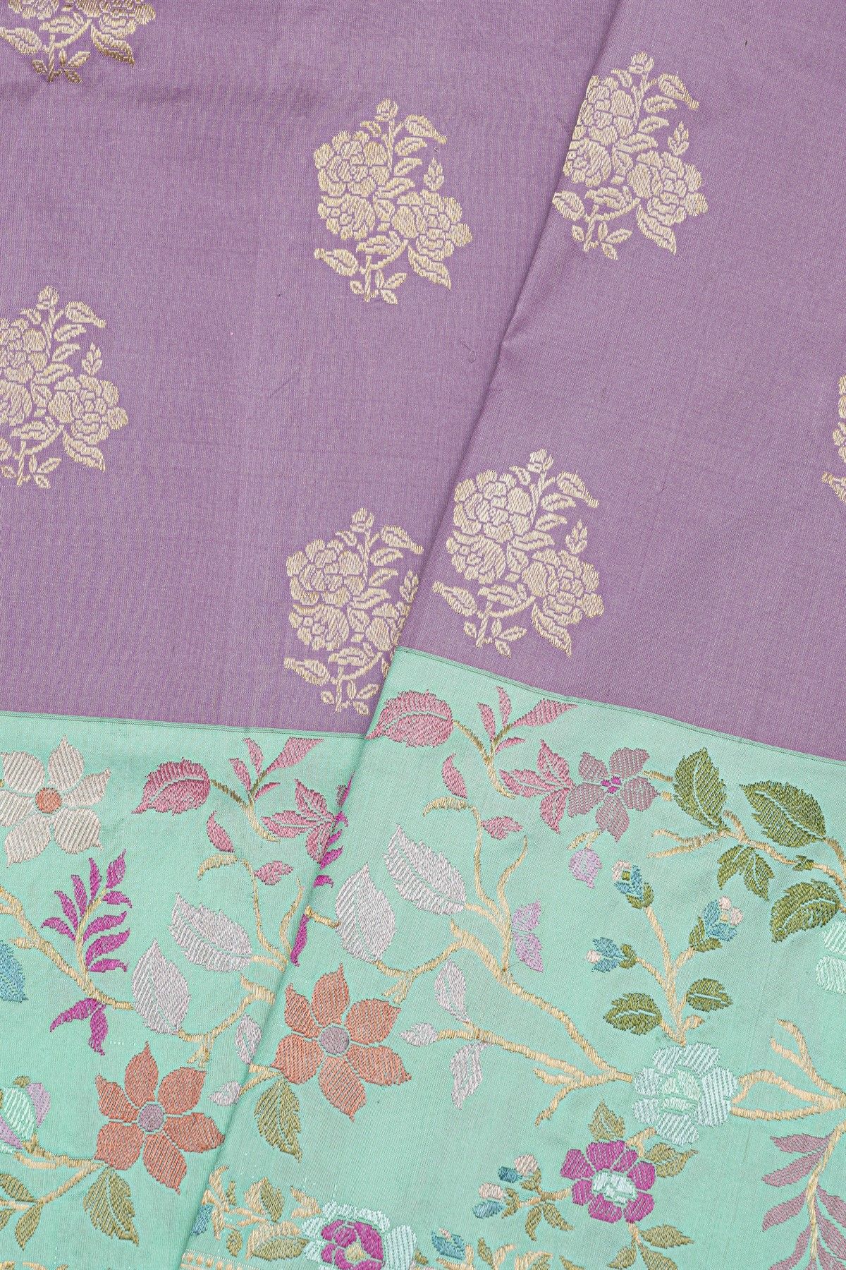 Banarasi Silk Lavender Saree With Meenakari Florals And Leaves Border