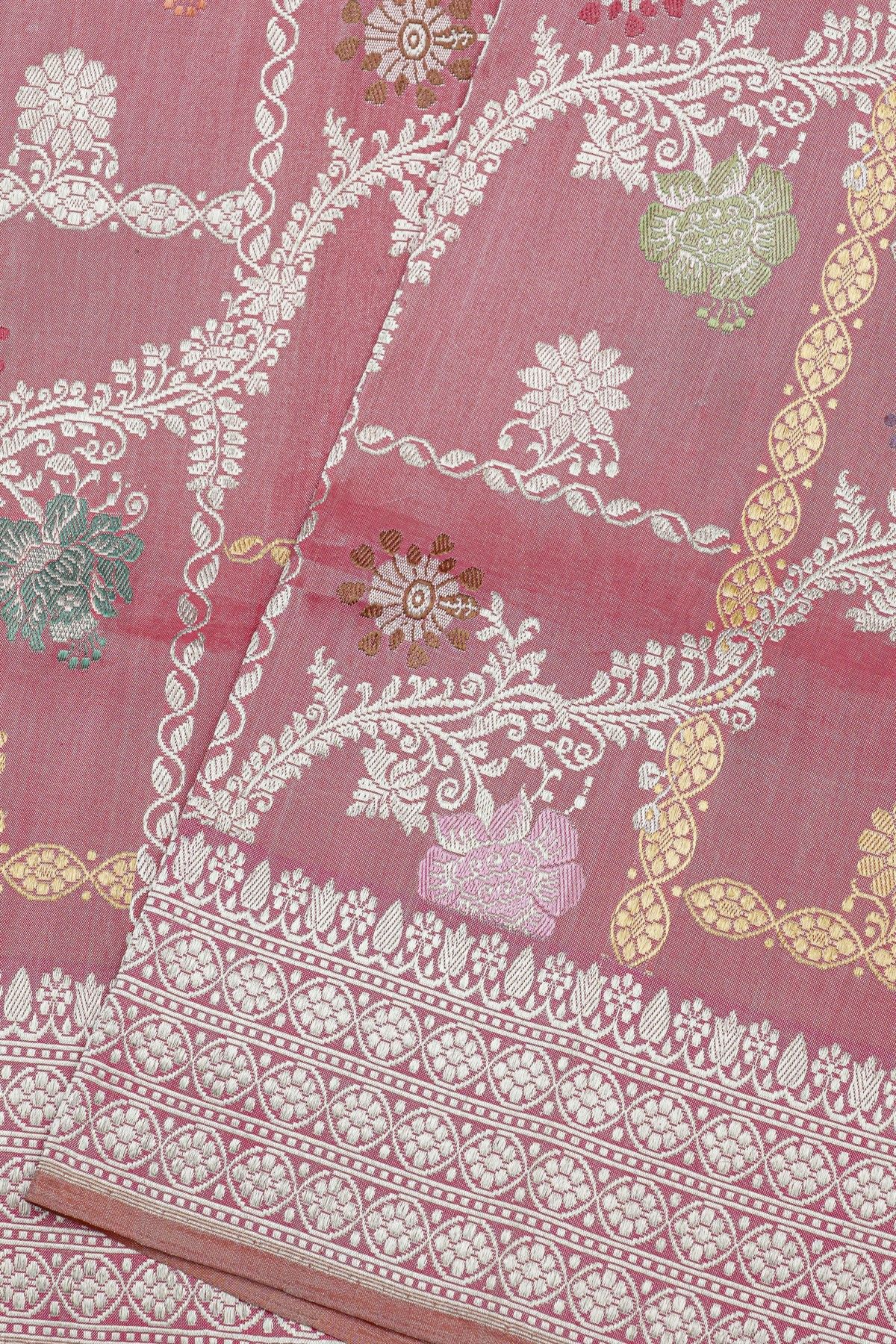 Banarasi Silk Onion Pink Saree With Florals And Leaves Jaal In Meenakari Body