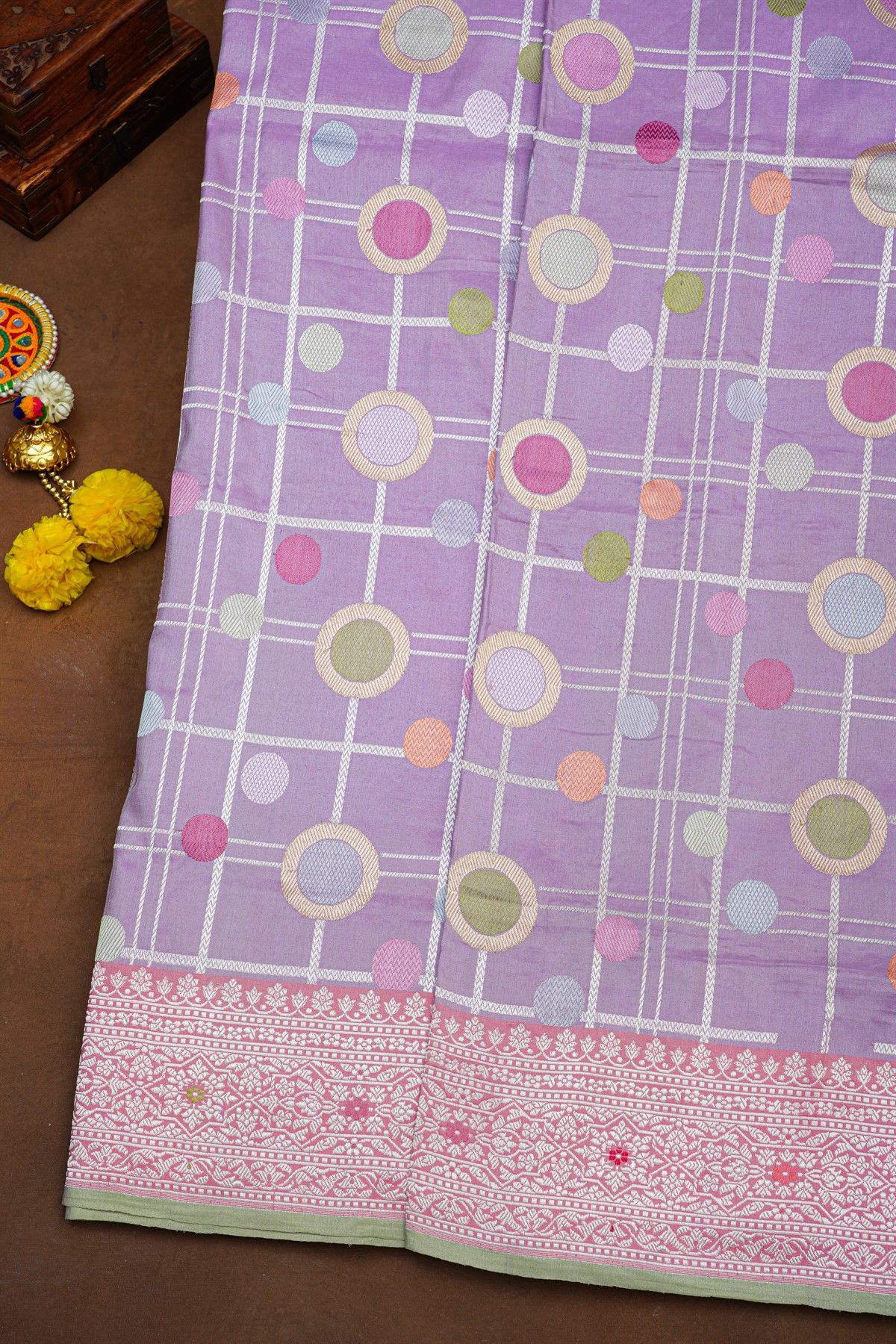 Banarasi Silk Lavender Saree With Florals And Leaves Jaal In Meenakari Border