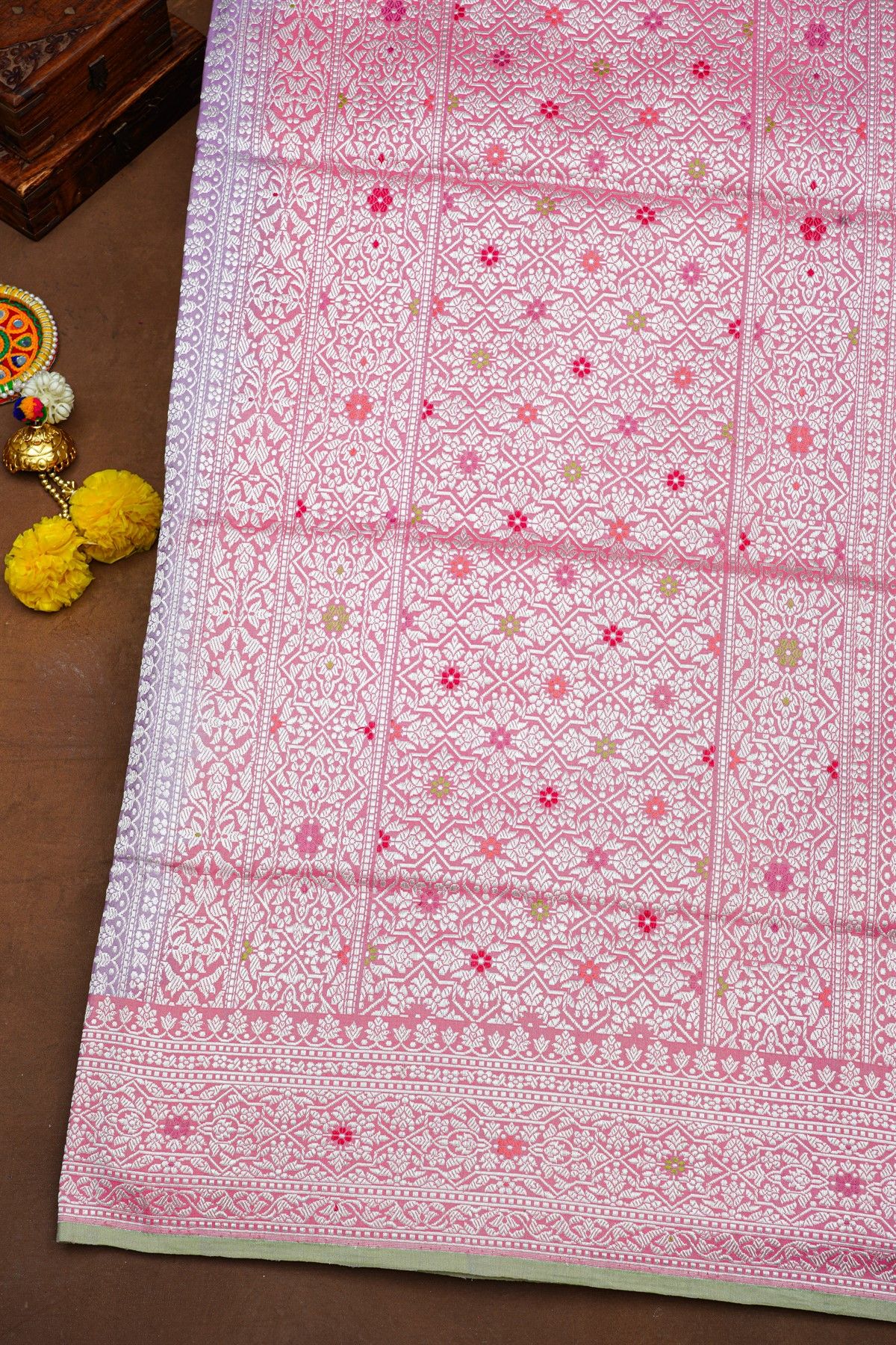 Banarasi Silk Lavender Saree With Florals And Leaves Jaal In Meenakari Border