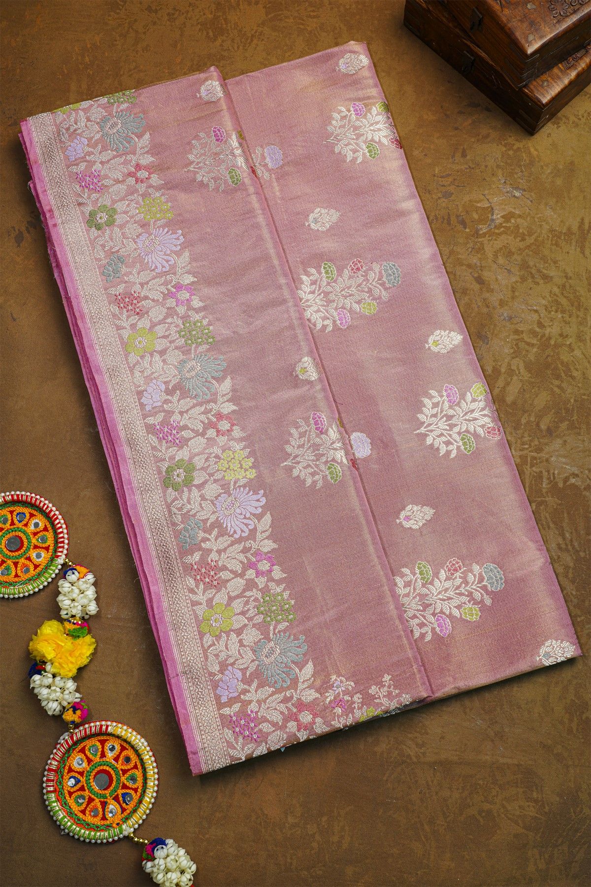 Banarasi Silk Onion Pink Saree With Meenakari Florals And Leaves Border
