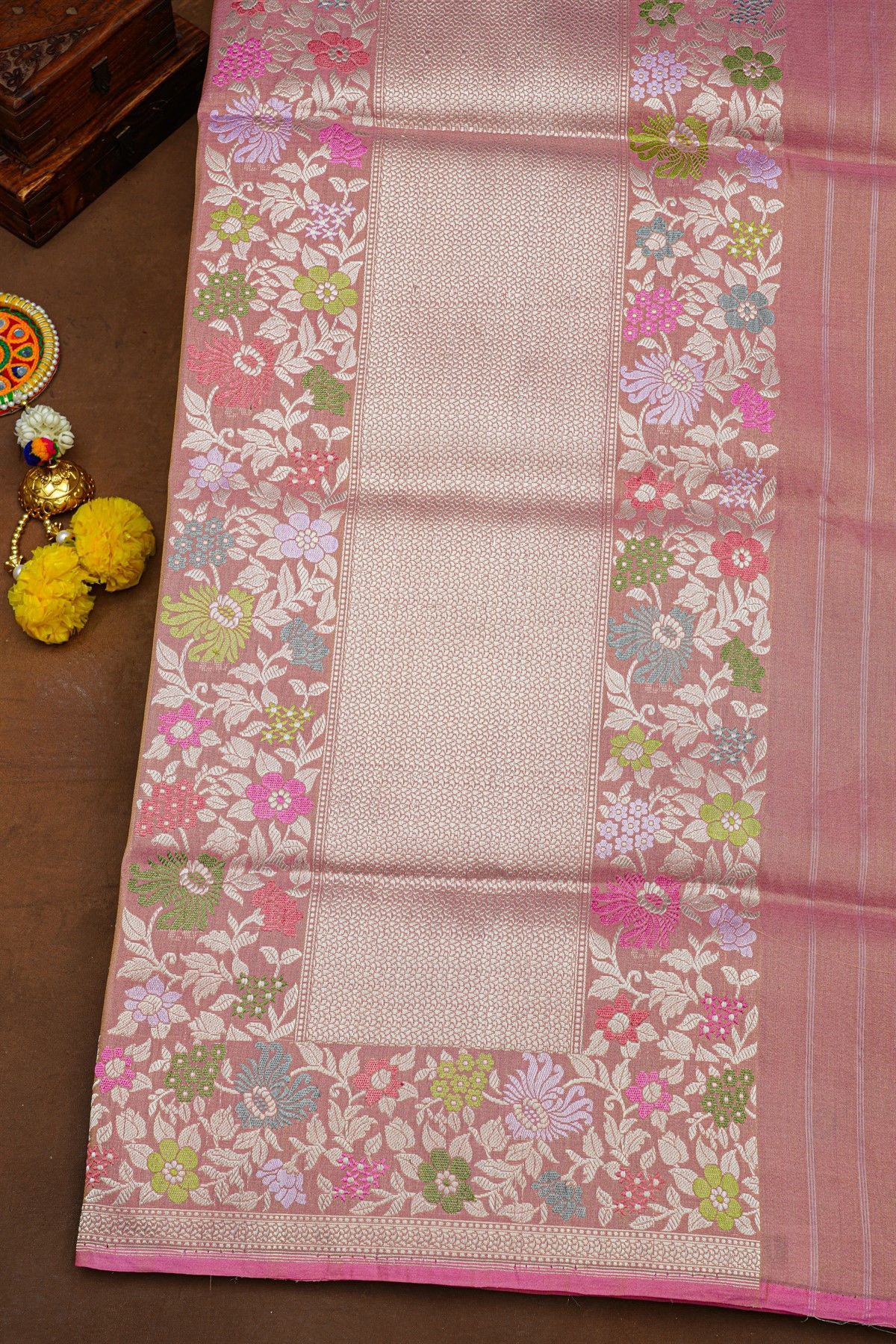Banarasi Silk Onion Pink Saree With Meenakari Florals And Leaves Border
