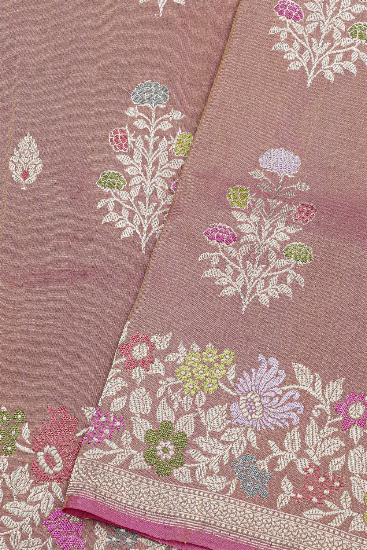 Banarasi Silk Onion Pink Saree With Meenakari Florals And Leaves Border