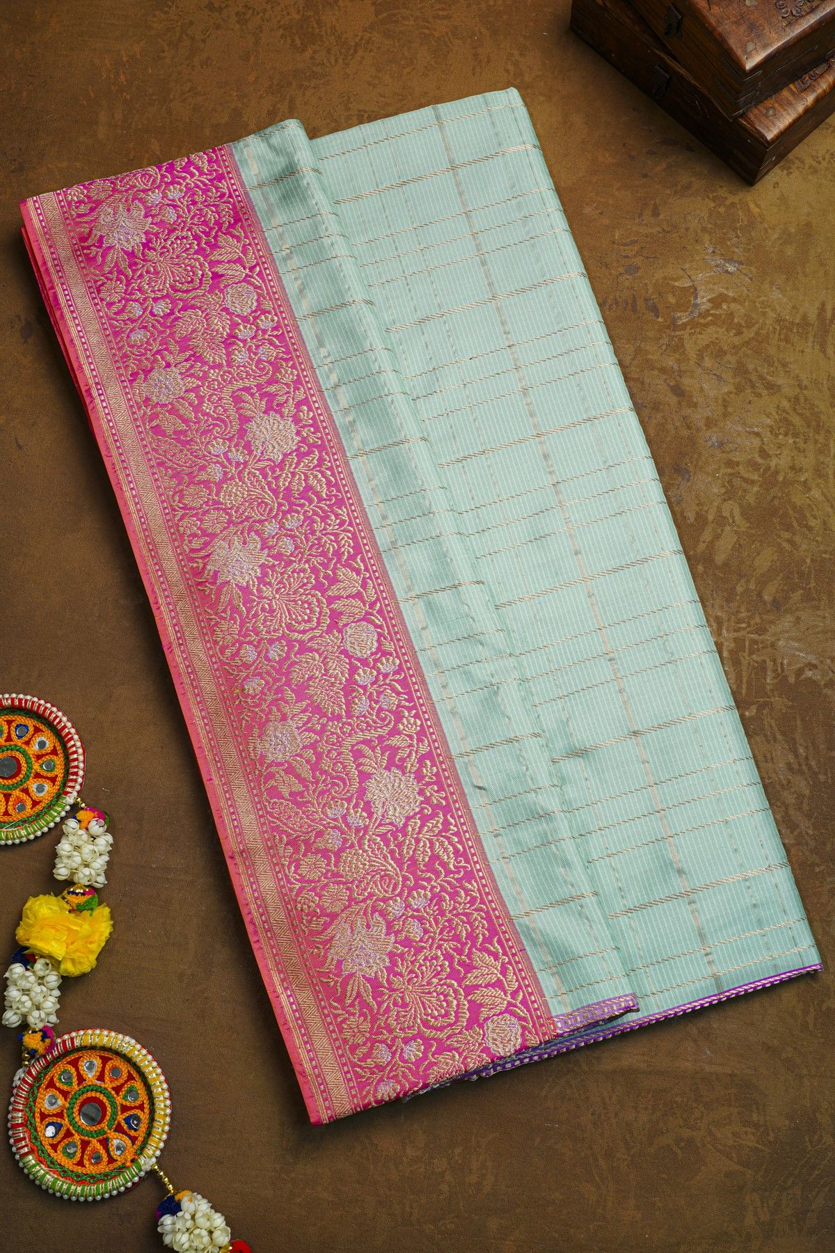 Banarasi Silk Sky Blue Saree With Florals And Leaves Border