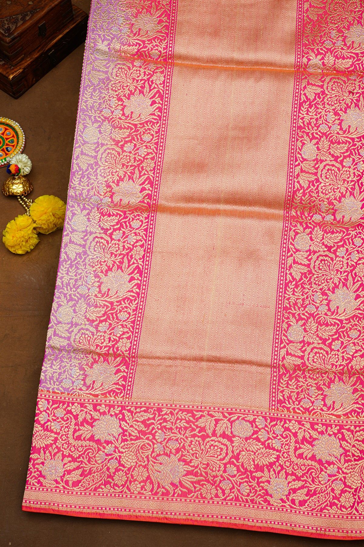 Banarasi Silk Sky Blue Saree With Florals And Leaves Border