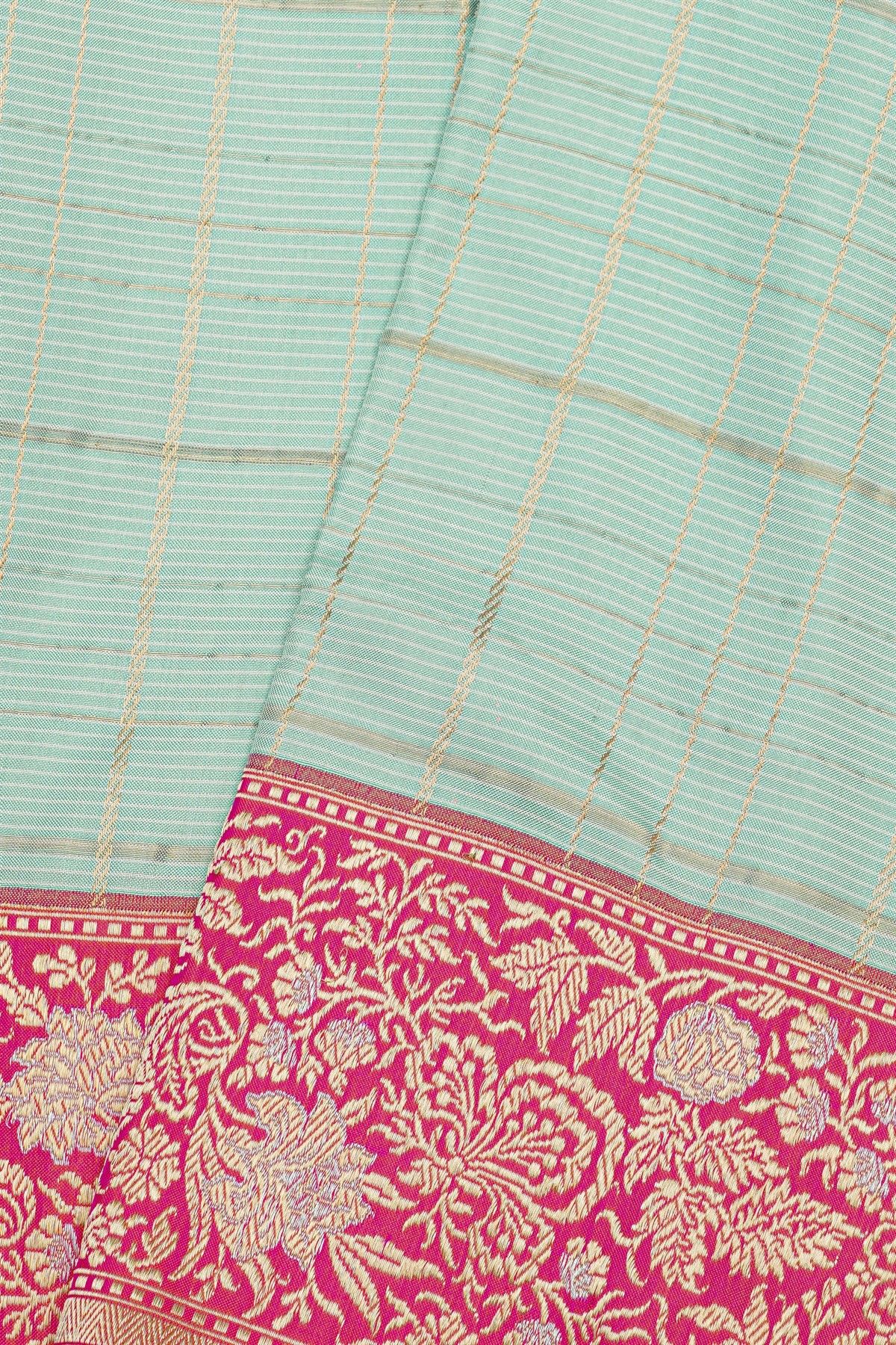 Banarasi Silk Sky Blue Saree With Florals And Leaves Border
