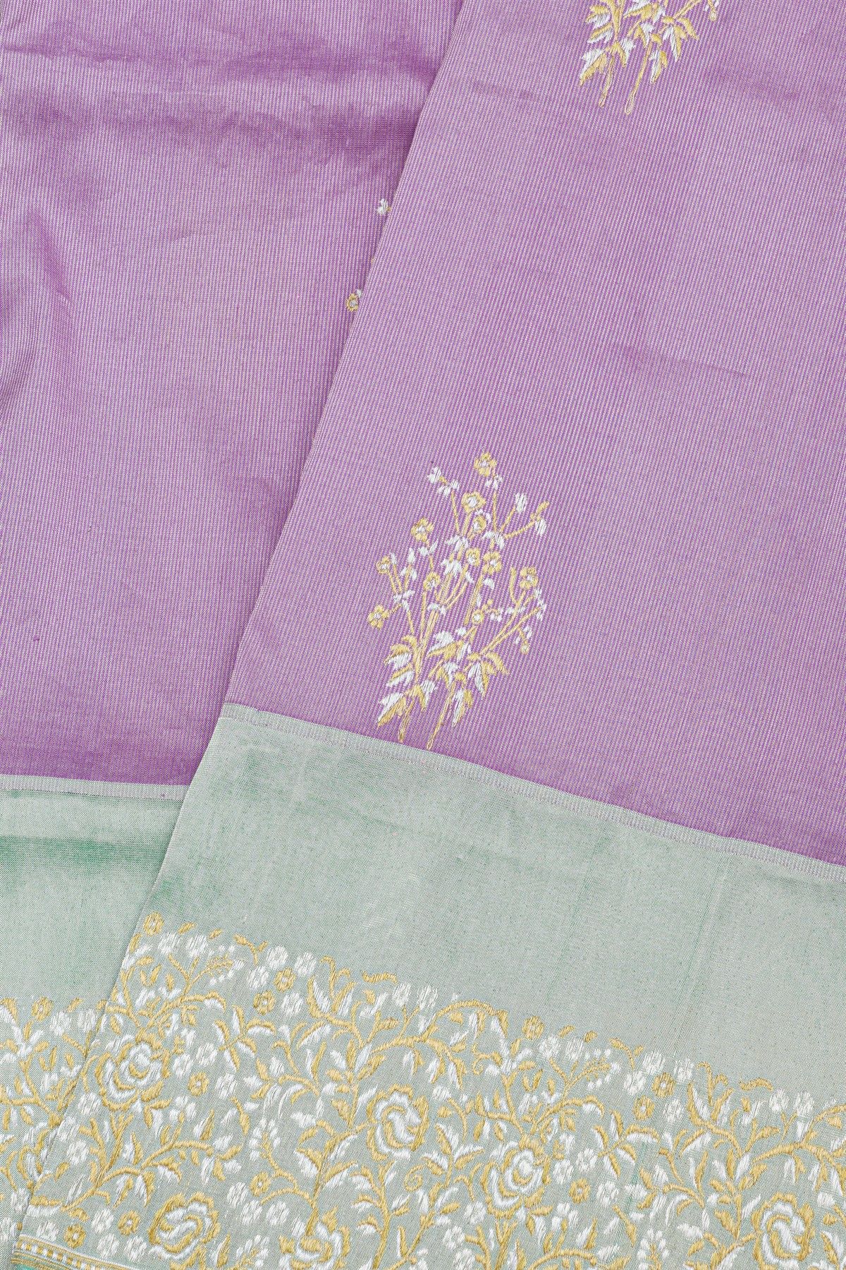 Banarasi Silk Lavender Saree With Florals And Leaves Border