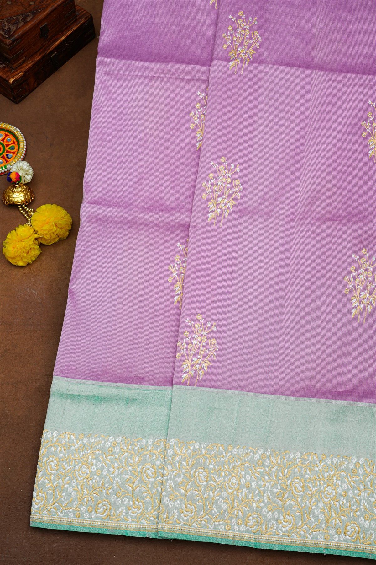 Banarasi Silk Lavender Saree With Florals And Leaves Border