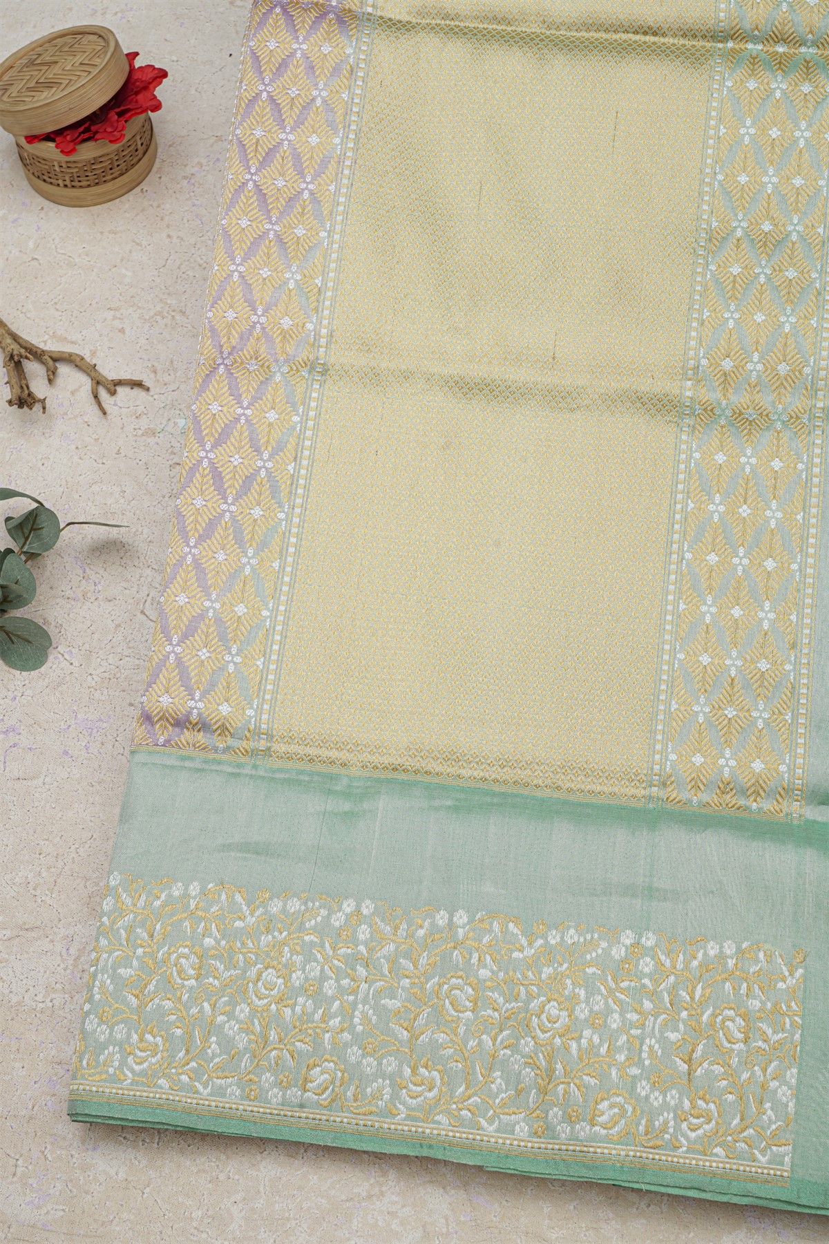 Banarasi Silk Lavender Saree With Florals And Leaves Border