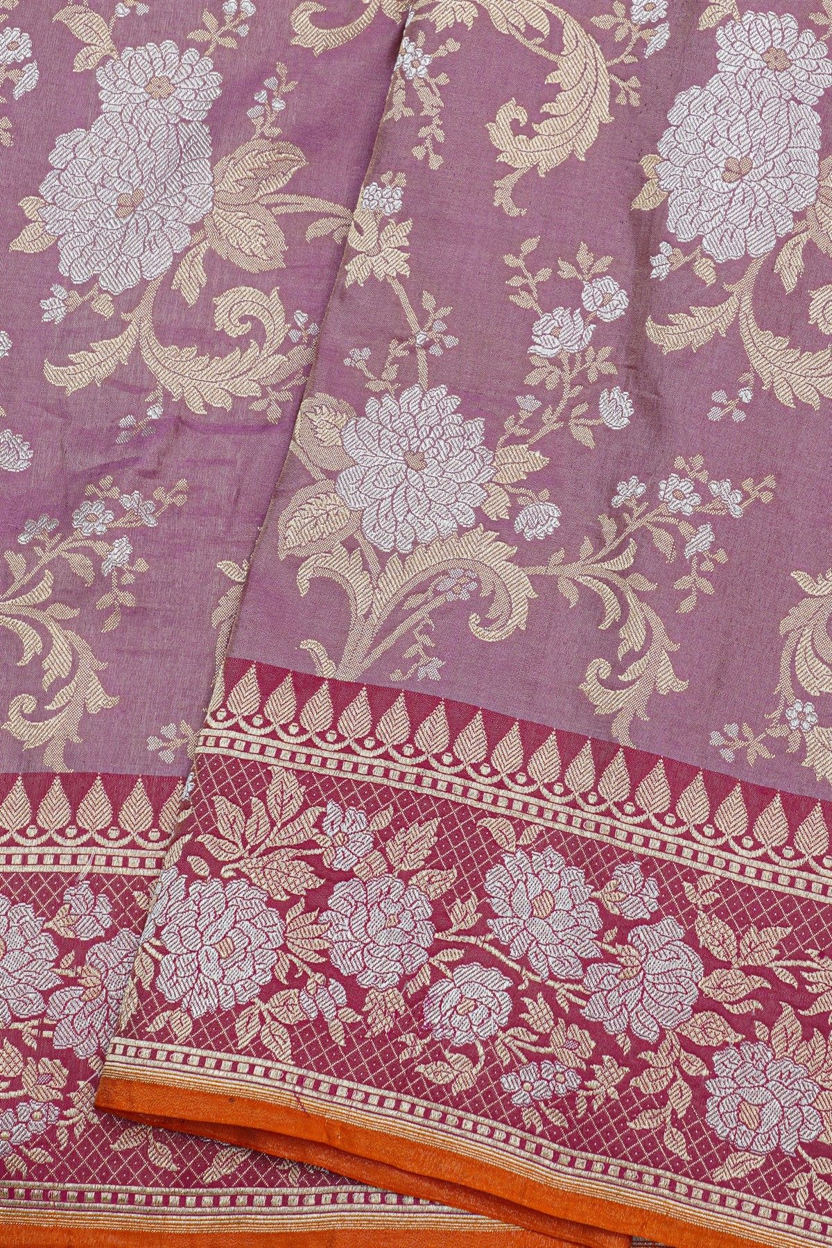 Banarasi Silk Lavender Saree With Florals And Leaves Jaal In Meenakari Border