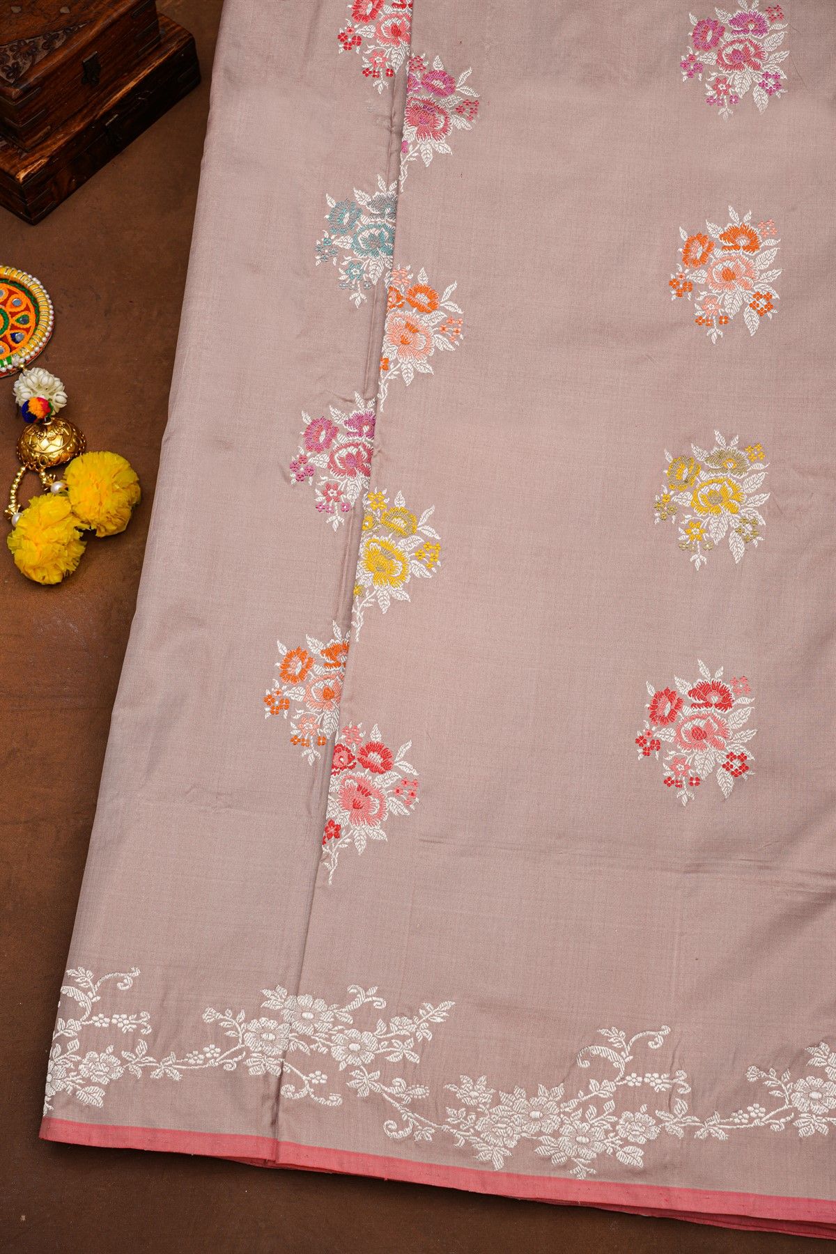 Banarasi Silk Lilac Saree With Florals And Leaves In Meenakari Body