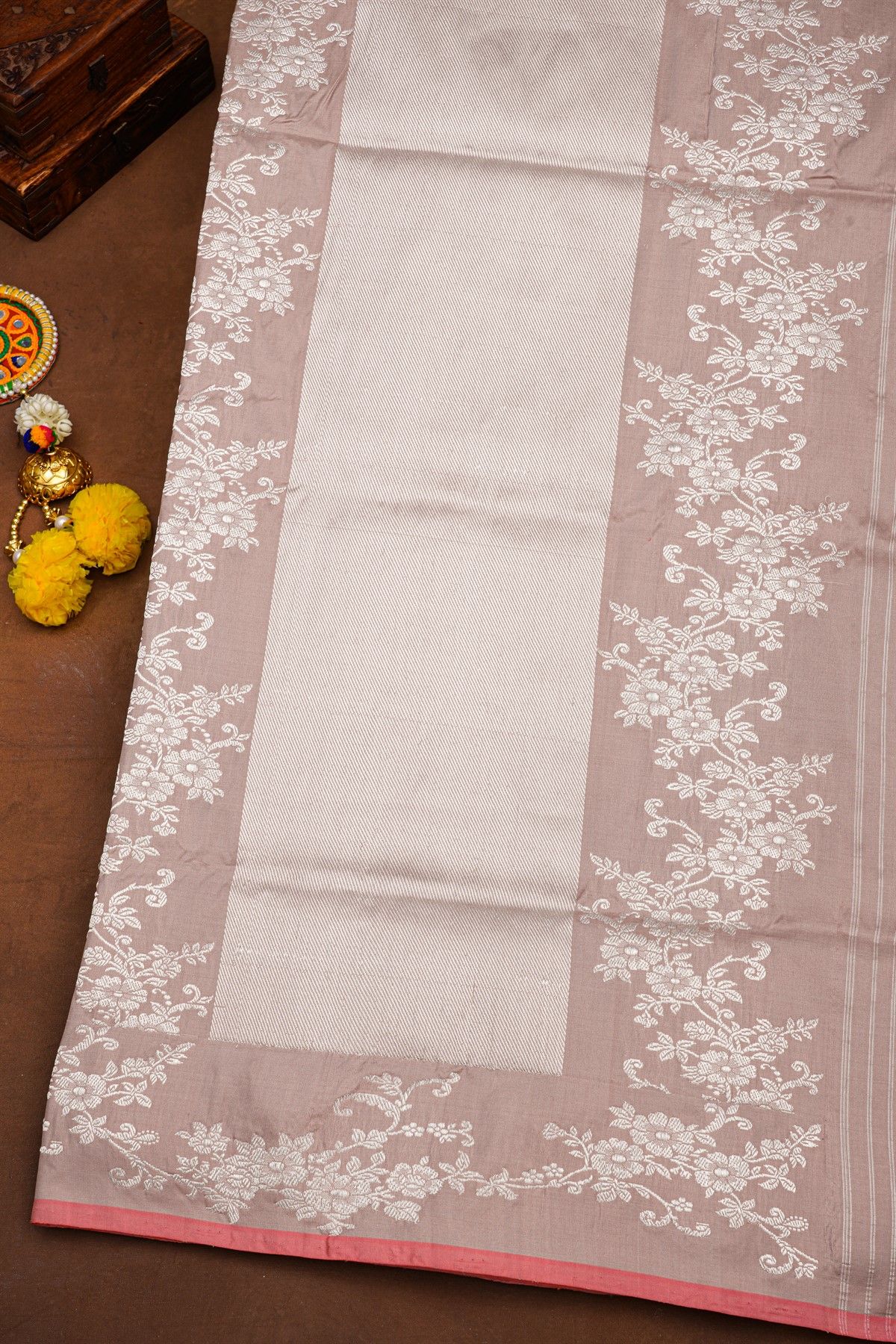Banarasi Silk Lilac Saree With Florals And Leaves In Meenakari Body