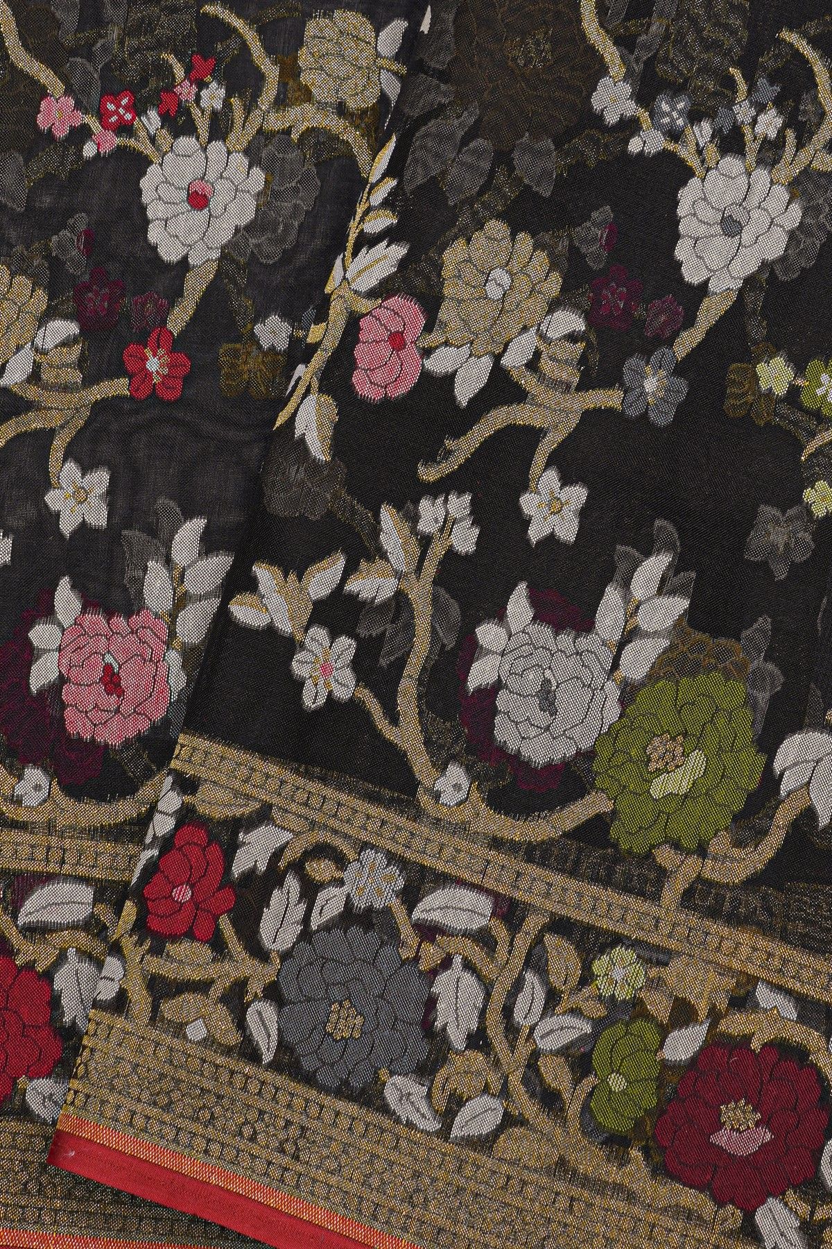 Fancy Organza Black Saree With Floral And Leaves Jaal Border
