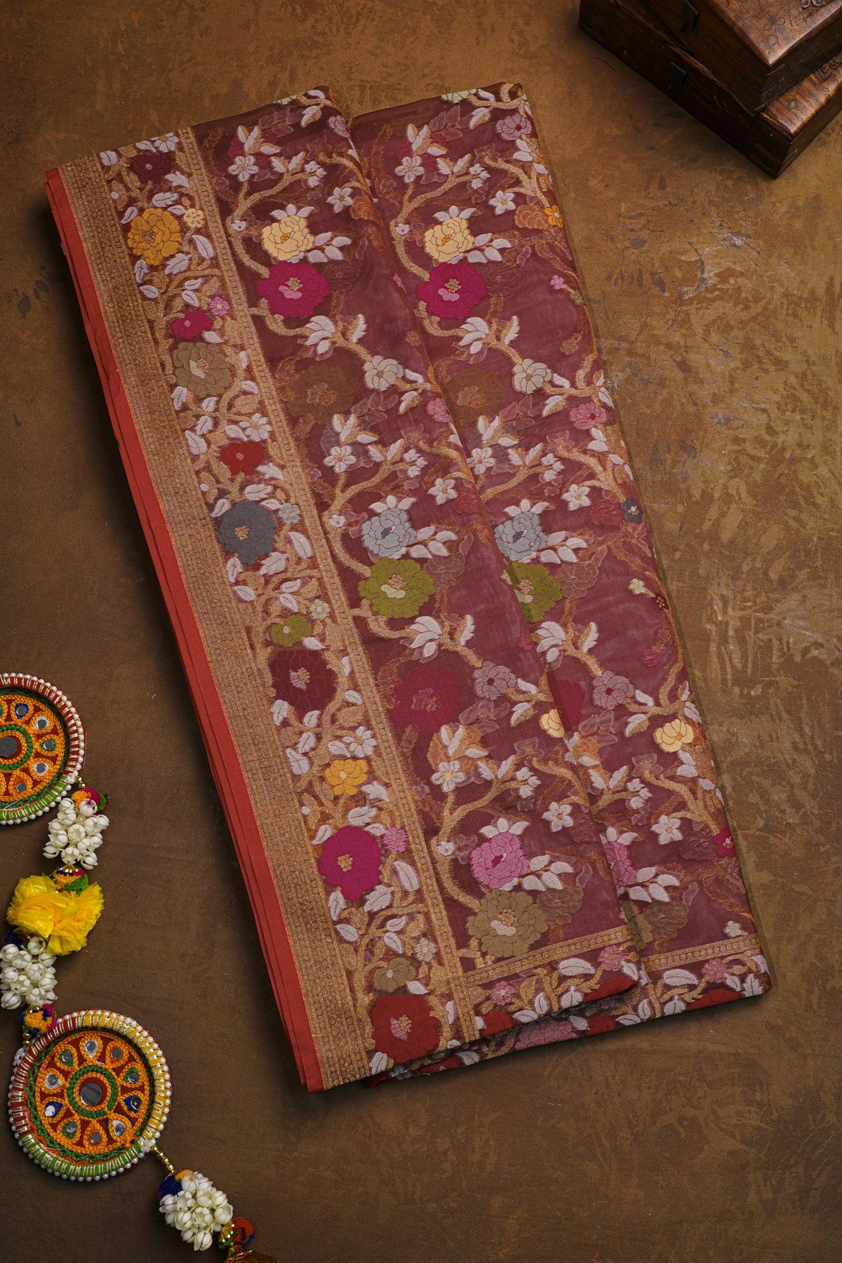 Fancy Organza Rust Brown Saree With Florals And Leaves Jaal Border