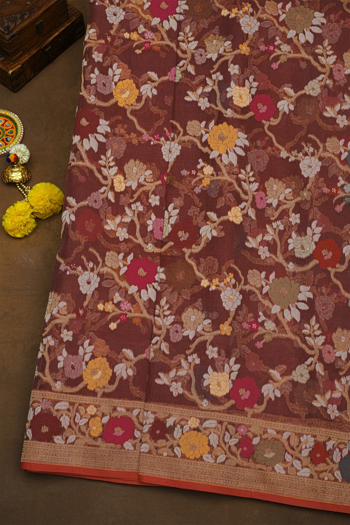 Fancy Organza Rust Brown Saree With Florals And Leaves Jaal Border