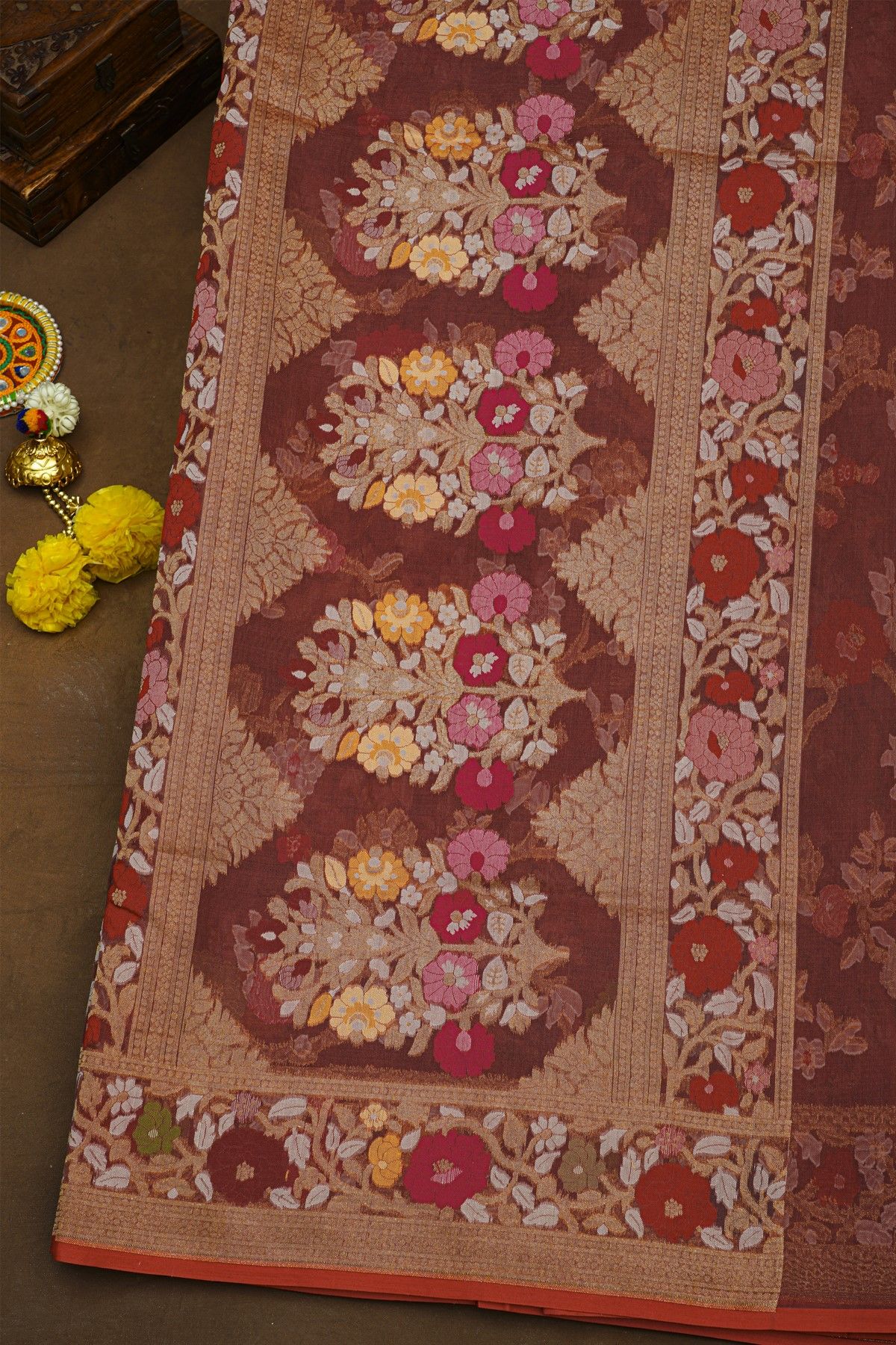 Fancy Organza Rust Brown Saree With Florals And Leaves Jaal Border