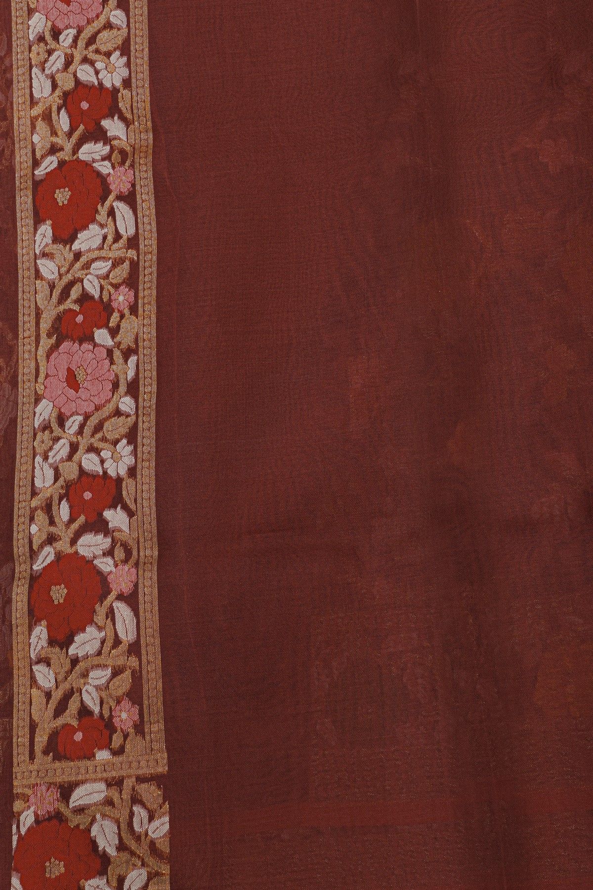 Fancy Organza Rust Brown Saree With Florals And Leaves Jaal Border