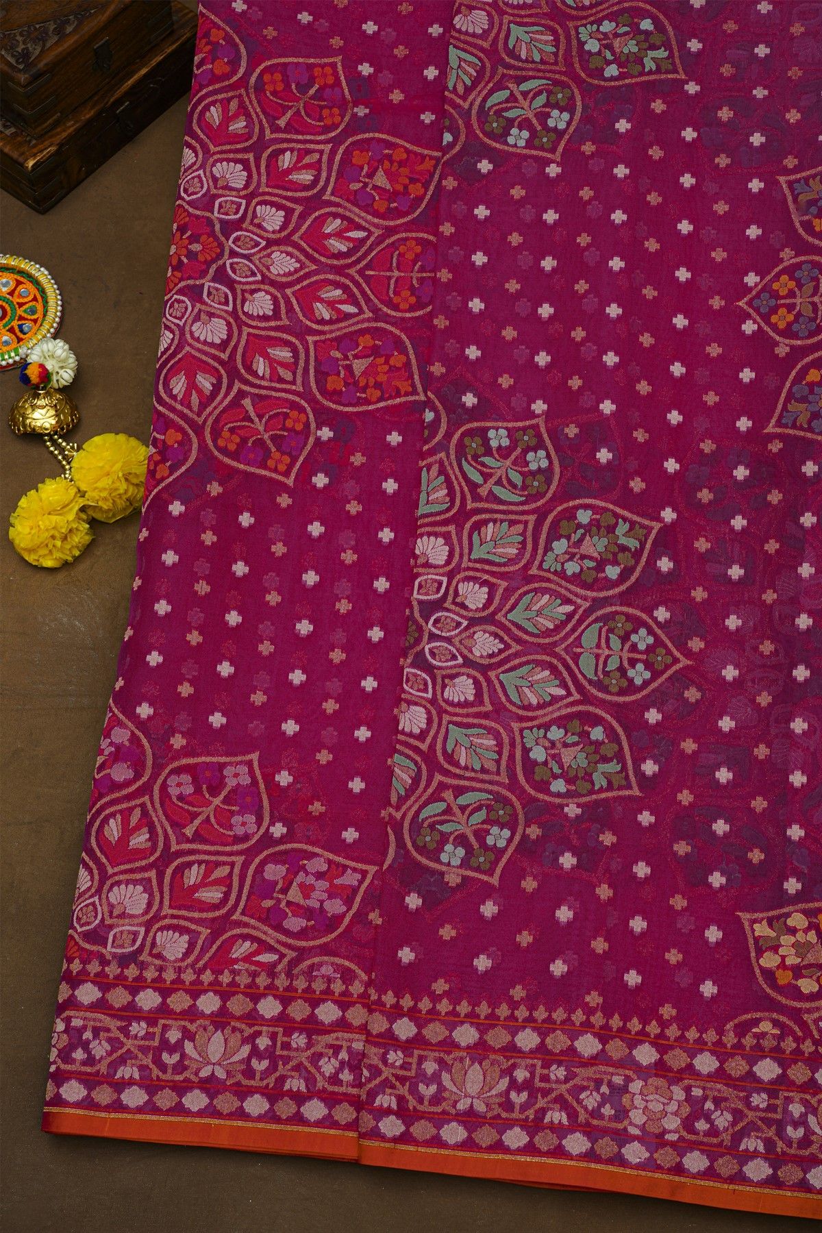 Fancy Organza Rani Pink Saree With Floral And Leaves Border