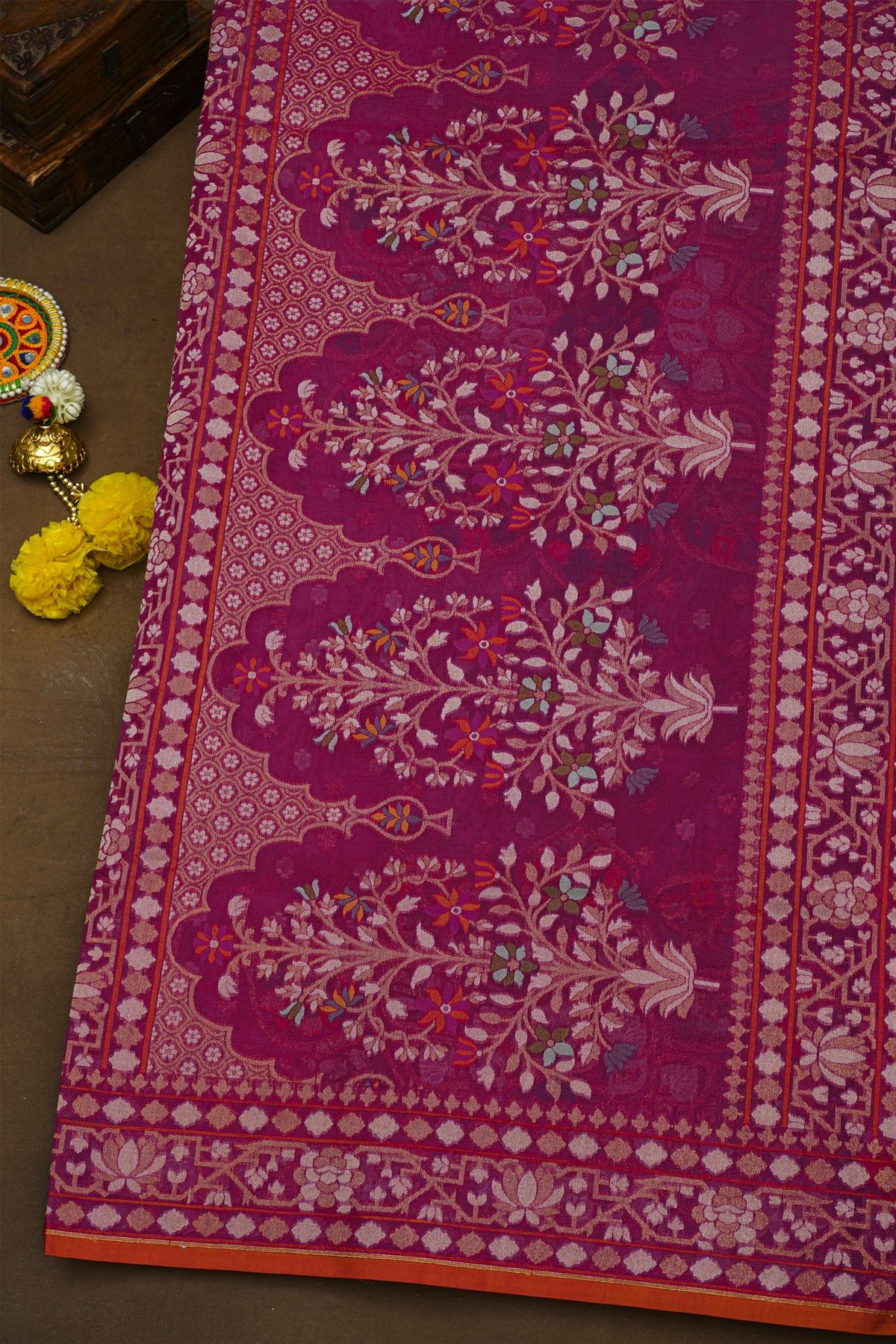 Fancy Organza Rani Pink Saree With Floral And Leaves Border
