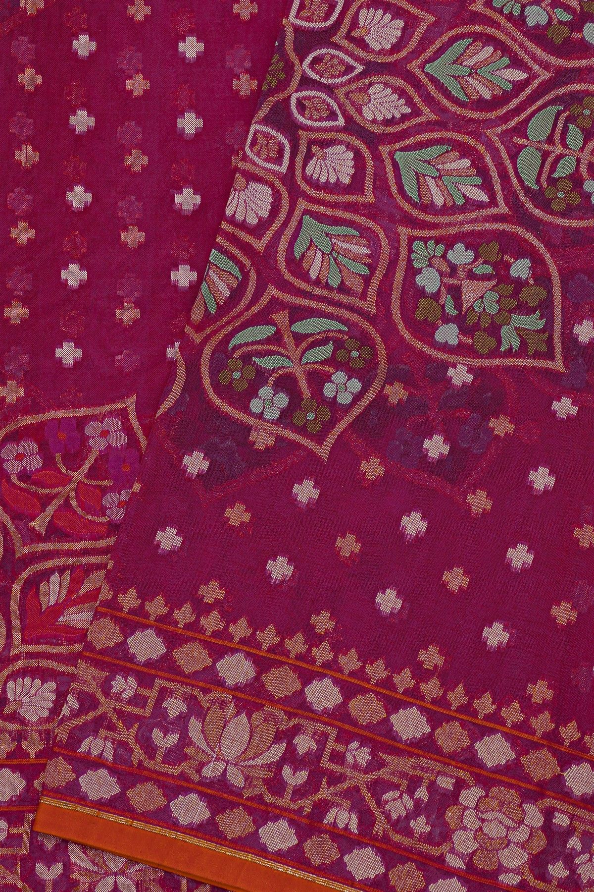 Fancy Organza Rani Pink Saree With Floral And Leaves Border