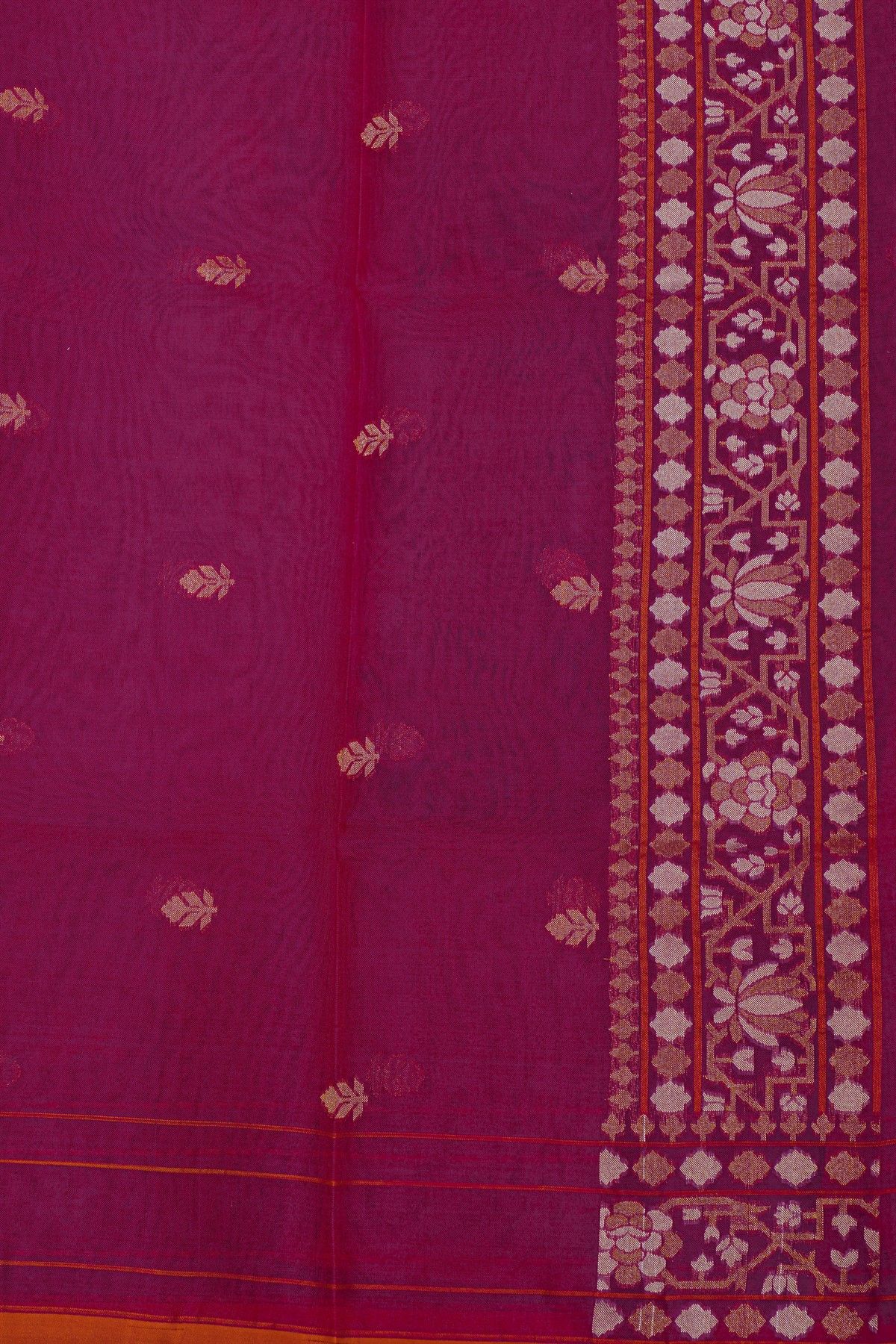 Fancy Organza Rani Pink Saree With Floral And Leaves Border