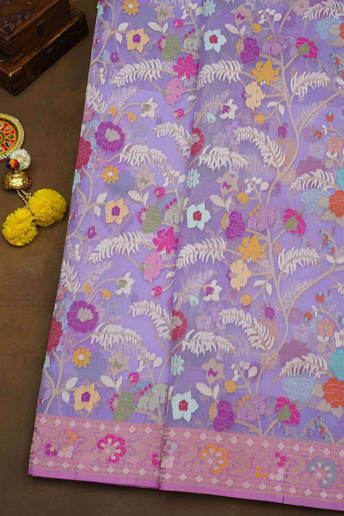 Fancy Organza Lavender Saree With Florals And Leaves Border