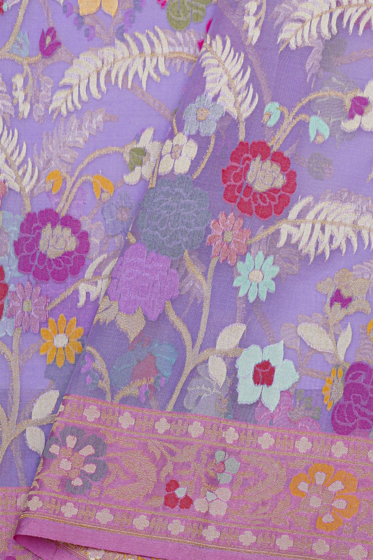 Fancy Organza Lavender Saree With Florals And Leaves Border
