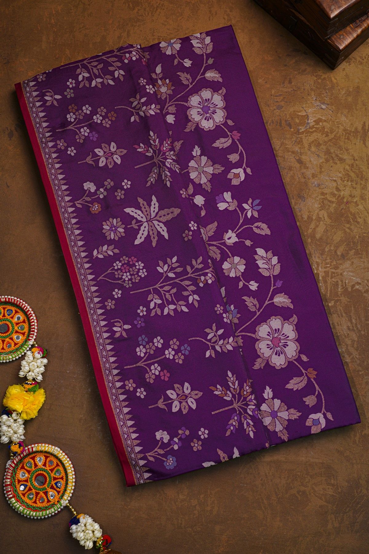 Fancy Organza Violet Saree With Florals And Leaves Border