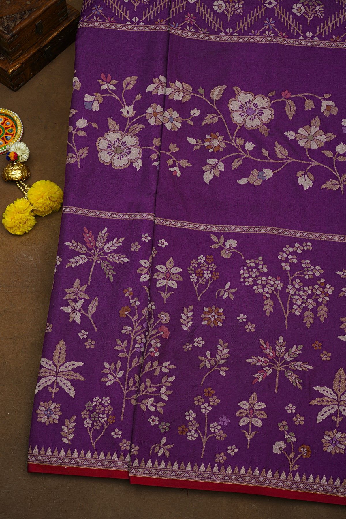 Fancy Organza Violet Saree With Florals And Leaves Border