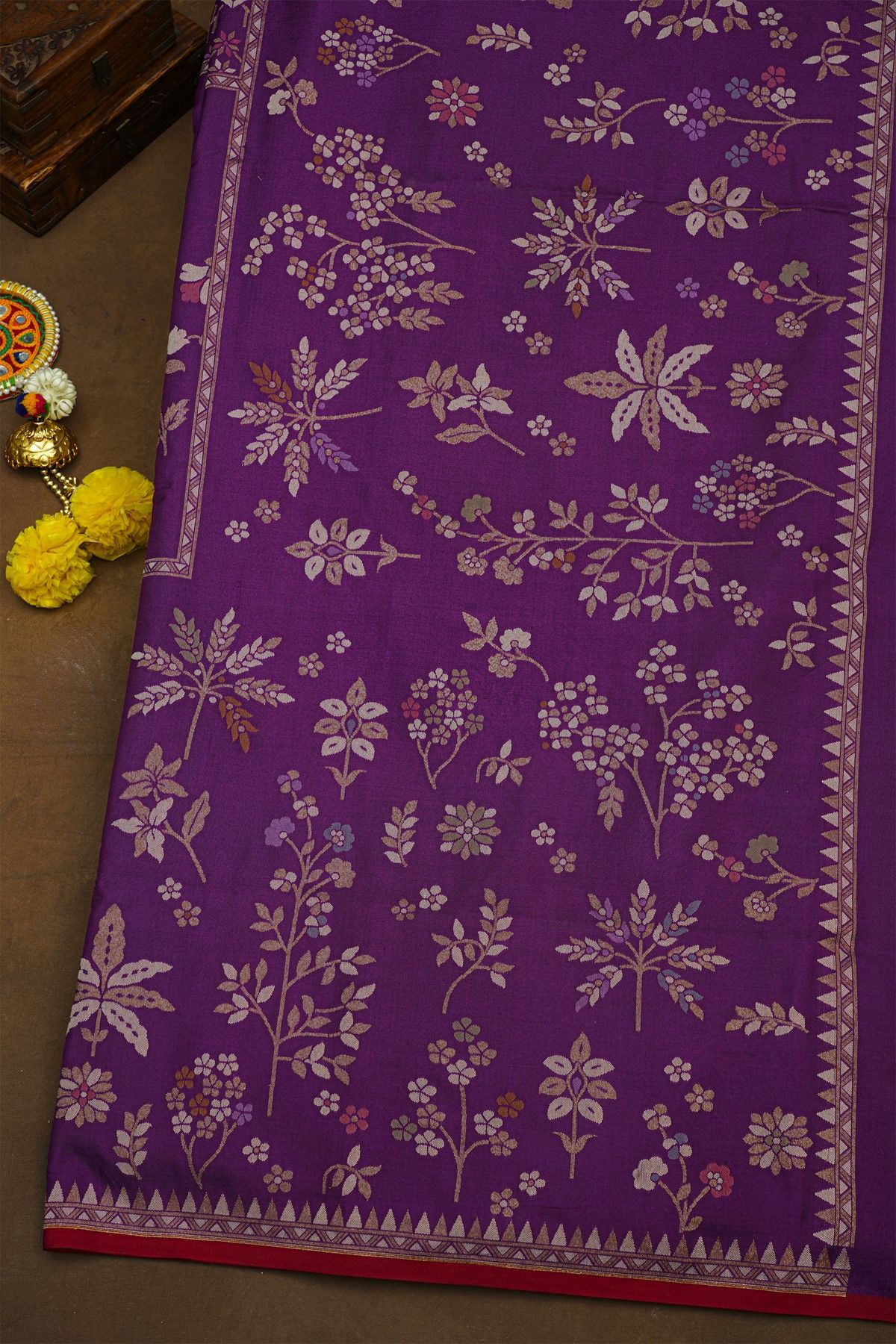 Fancy Organza Violet Saree With Florals And Leaves Border