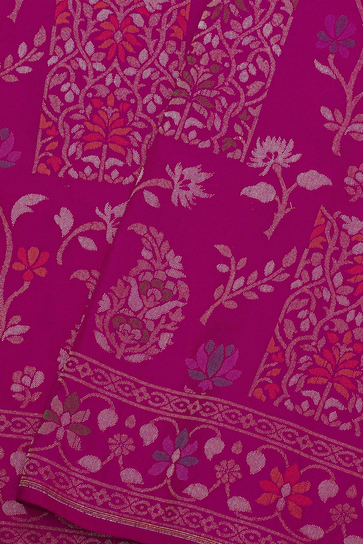 Banarasi Silk Magenta Saree With Florals And Leaves Jaal In Meenakari Border
