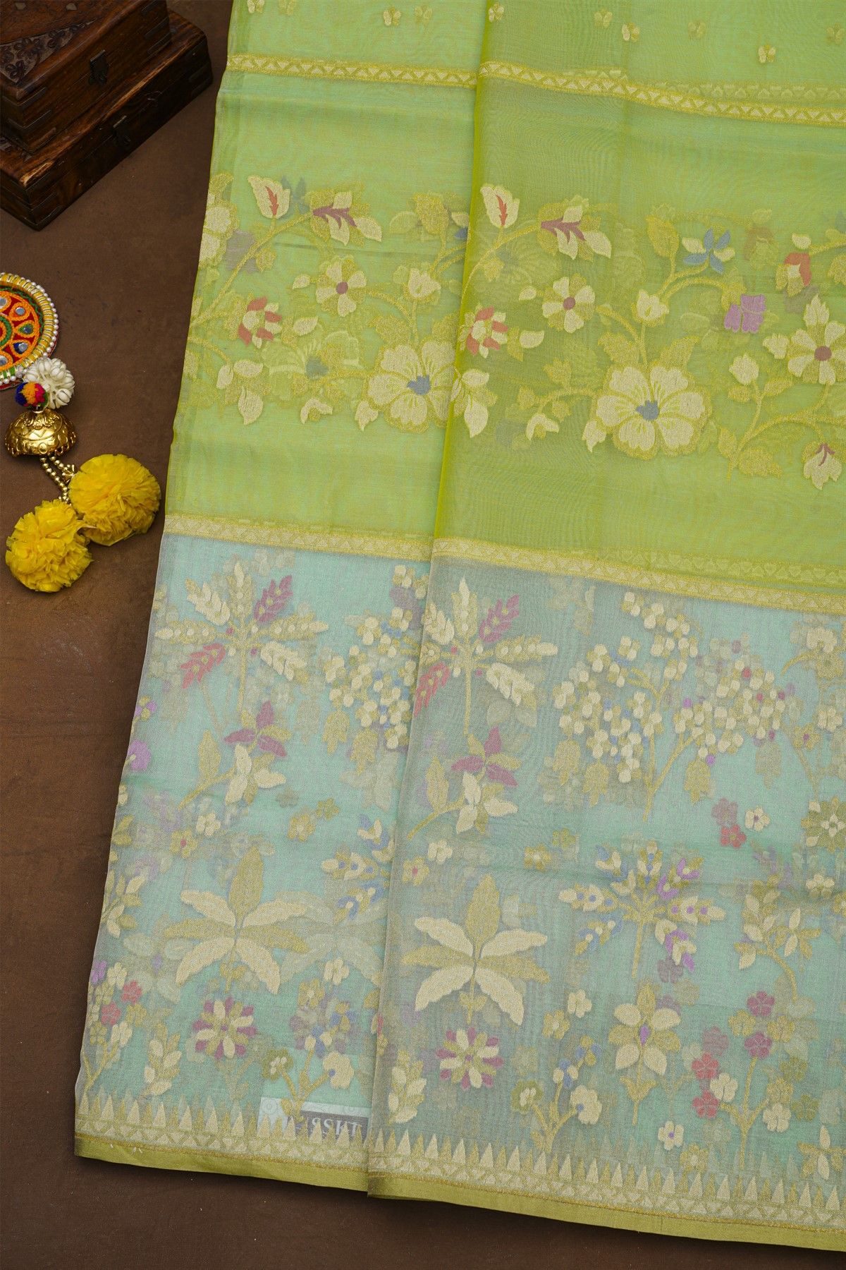 Fancy Organza Lime Green Saree With Florals And Leaves Body