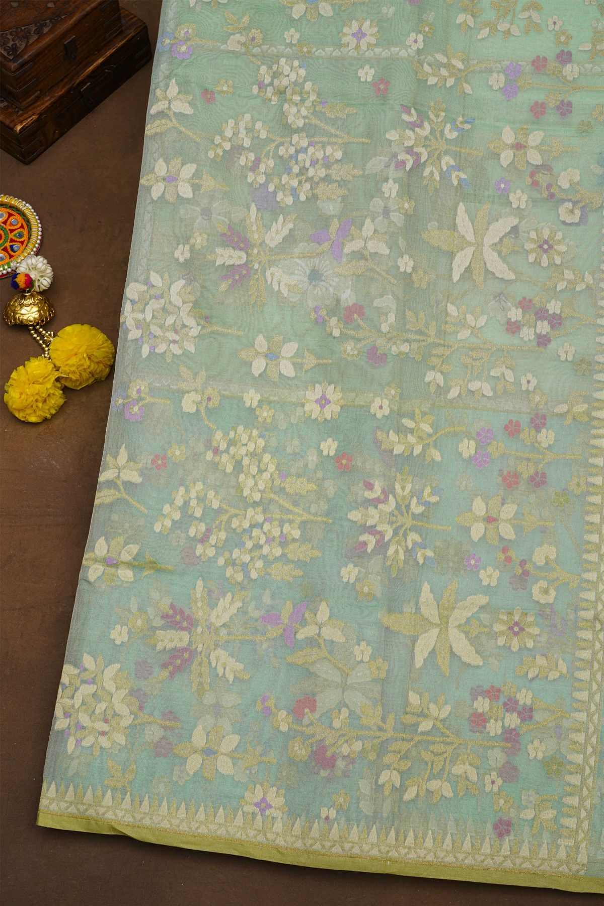 Fancy Organza Lime Green Saree With Florals And Leaves Body