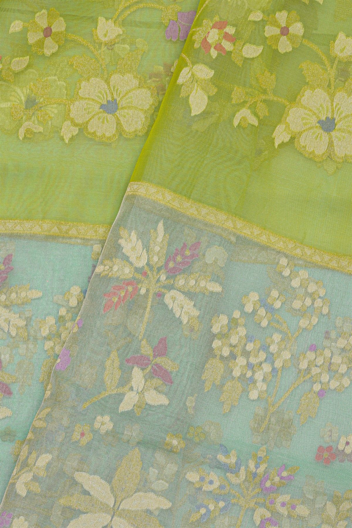 Fancy Organza Lime Green Saree With Florals And Leaves Body