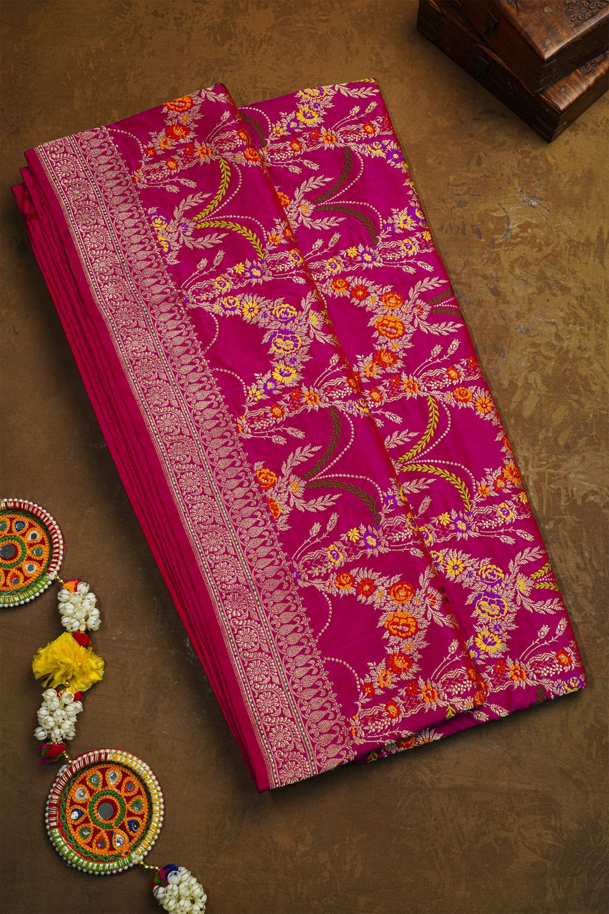 Banarasi Kadwa Silk Rani Pink Saree With Florals And Leaves In Meenakari Body