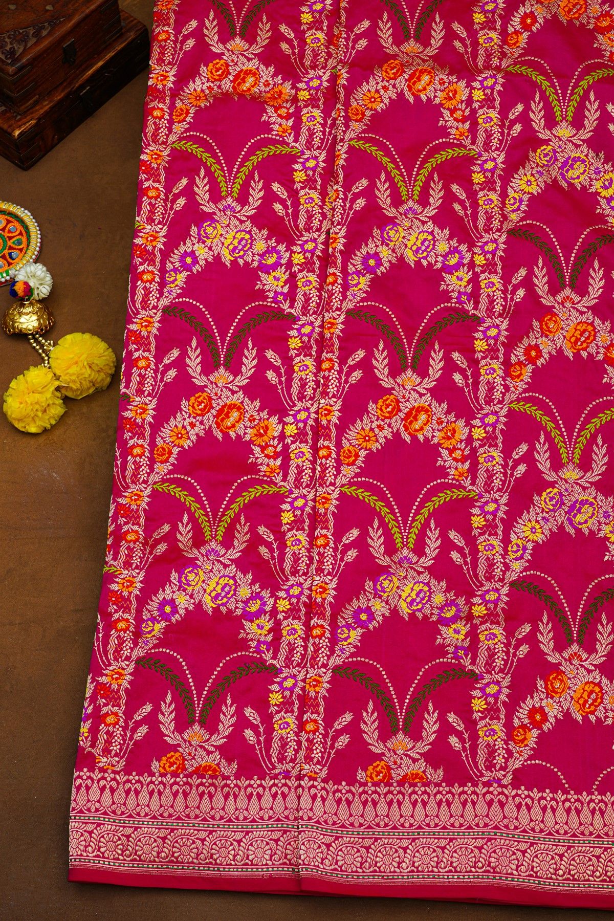 Banarasi Kadwa Silk Rani Pink Saree With Florals And Leaves In Meenakari Body