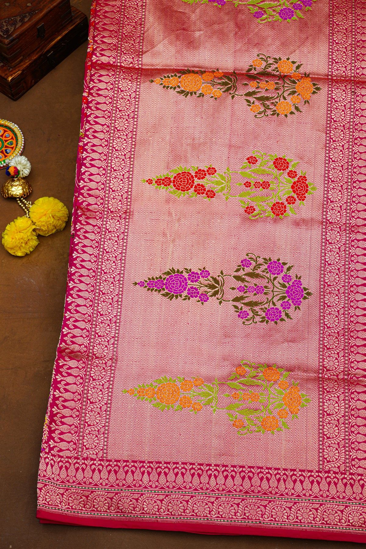 Banarasi Kadwa Silk Rani Pink Saree With Florals And Leaves In Meenakari Body
