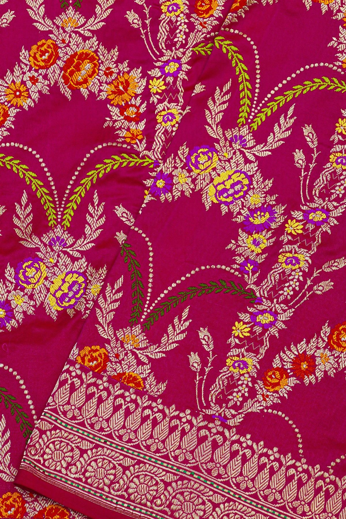 Banarasi Kadwa Silk Rani Pink Saree With Florals And Leaves In Meenakari Body