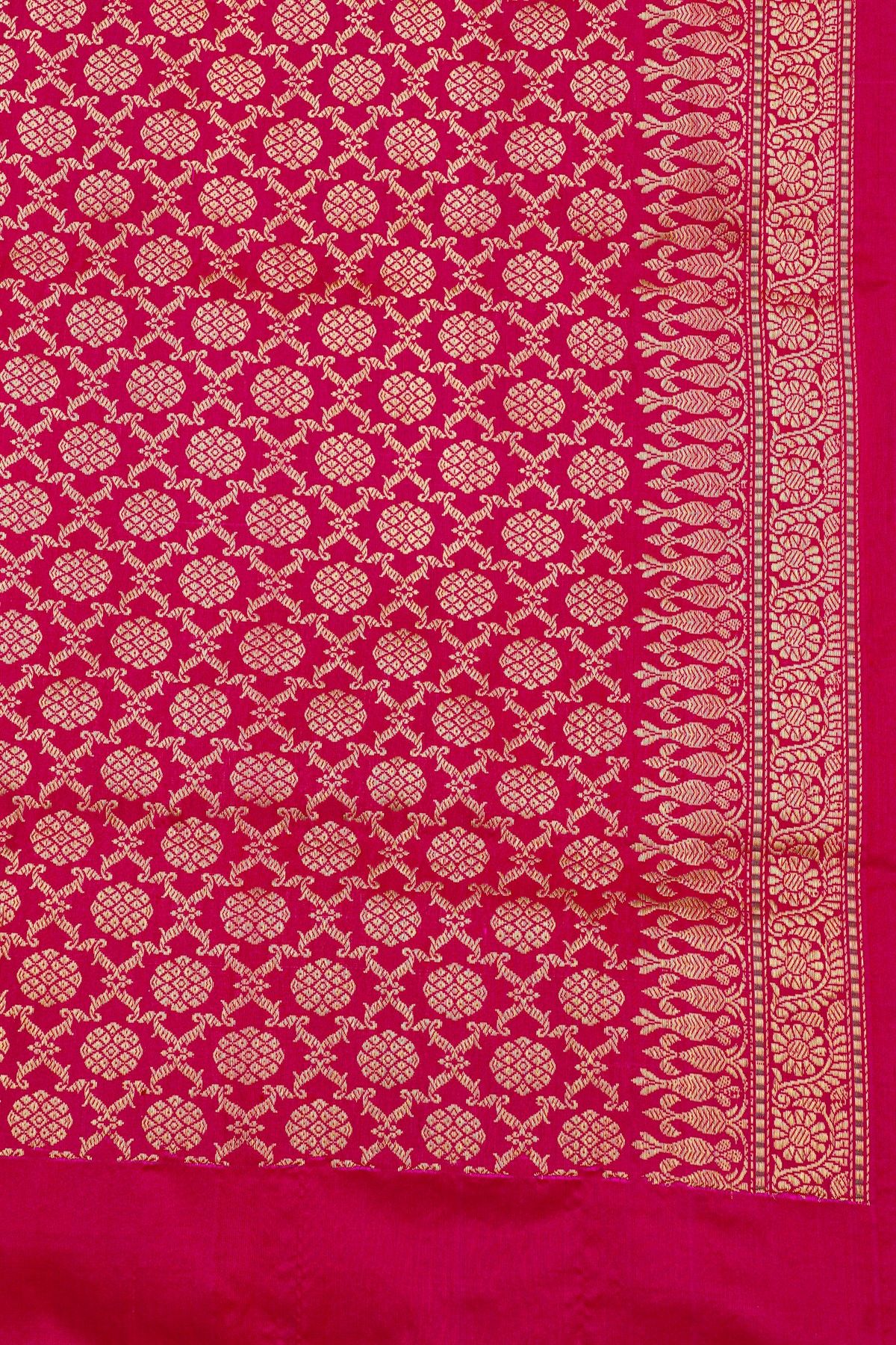 Banarasi Kadwa Silk Rani Pink Saree With Florals And Leaves In Meenakari Body