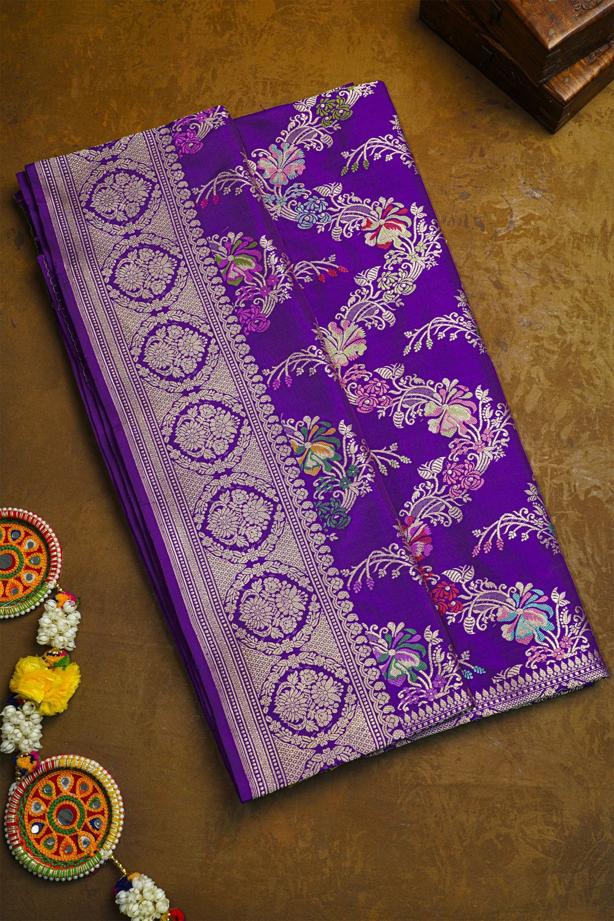 Banarasi Silk Purple Saree With Florals And Leaves In Meenakari Body