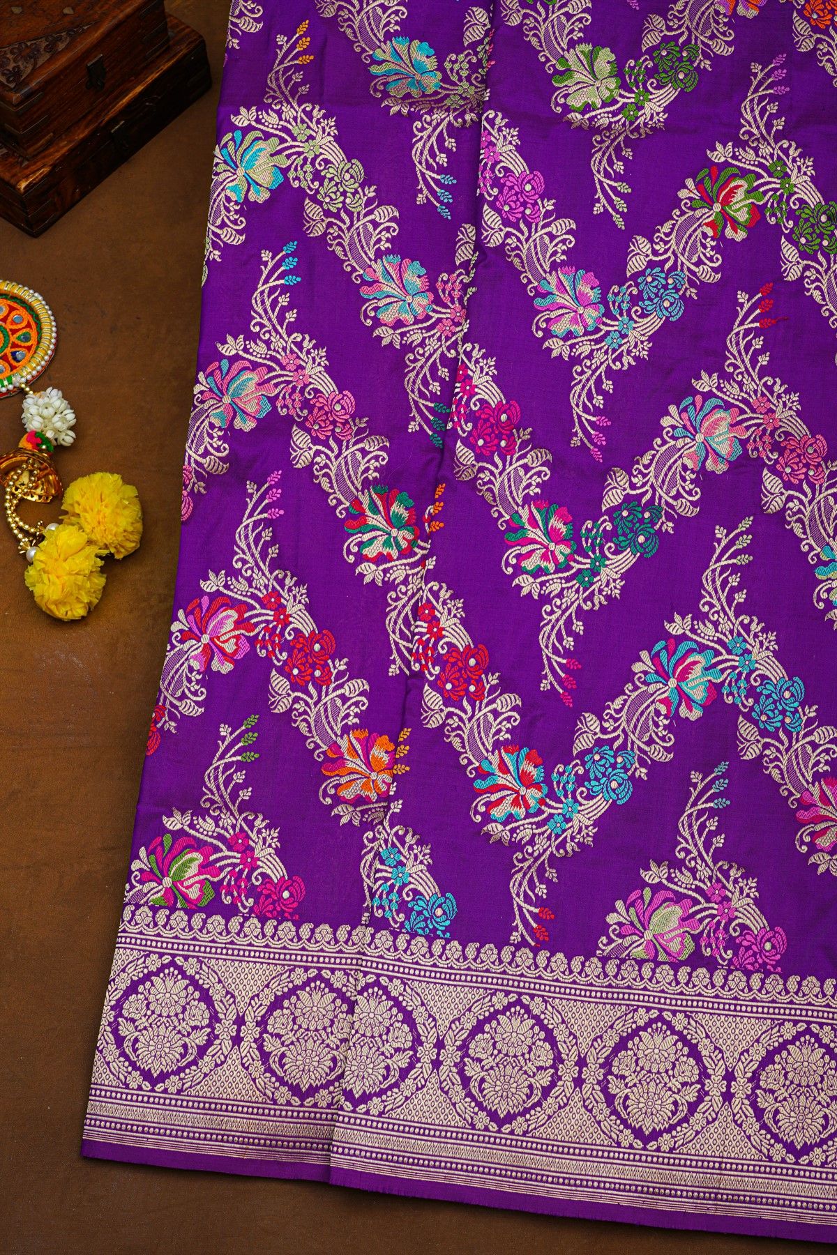 Banarasi Silk Purple Saree With Florals And Leaves In Meenakari Body