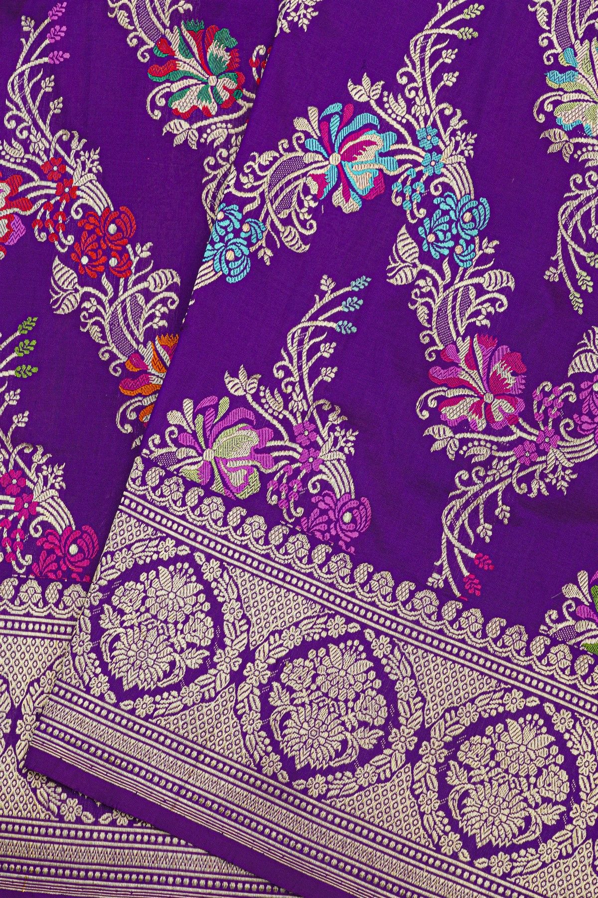 Banarasi Silk Purple Saree With Florals And Leaves In Meenakari Body